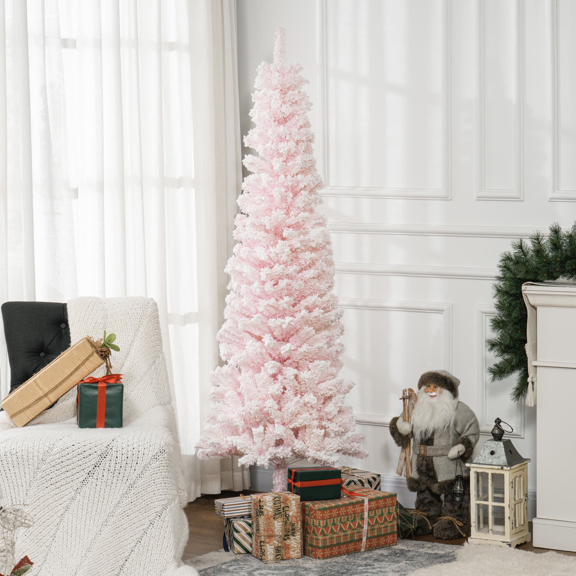 HOMCOM 6ft Flocked Christmas Tree, Pencil Christmas Tree with Realistic Branch Tips, Folding Metal Stand, Pink | Aosom Canada