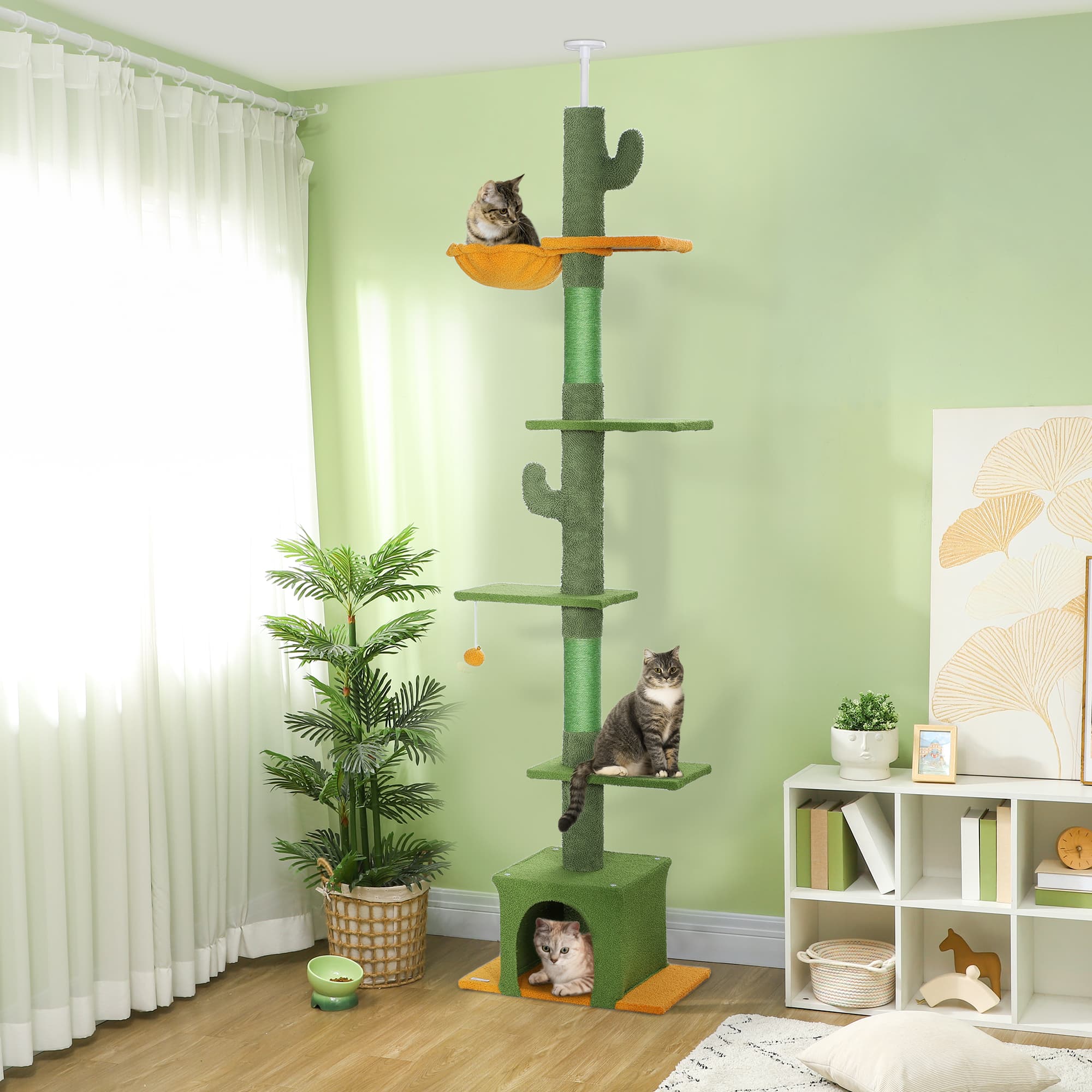 PawHut Floor to Ceiling Cat TreeTower with 90.5"-108" Adjustable Height, Scratching Posts, Hammock, Comdo, Toy Ball, Green | Aosom Canada