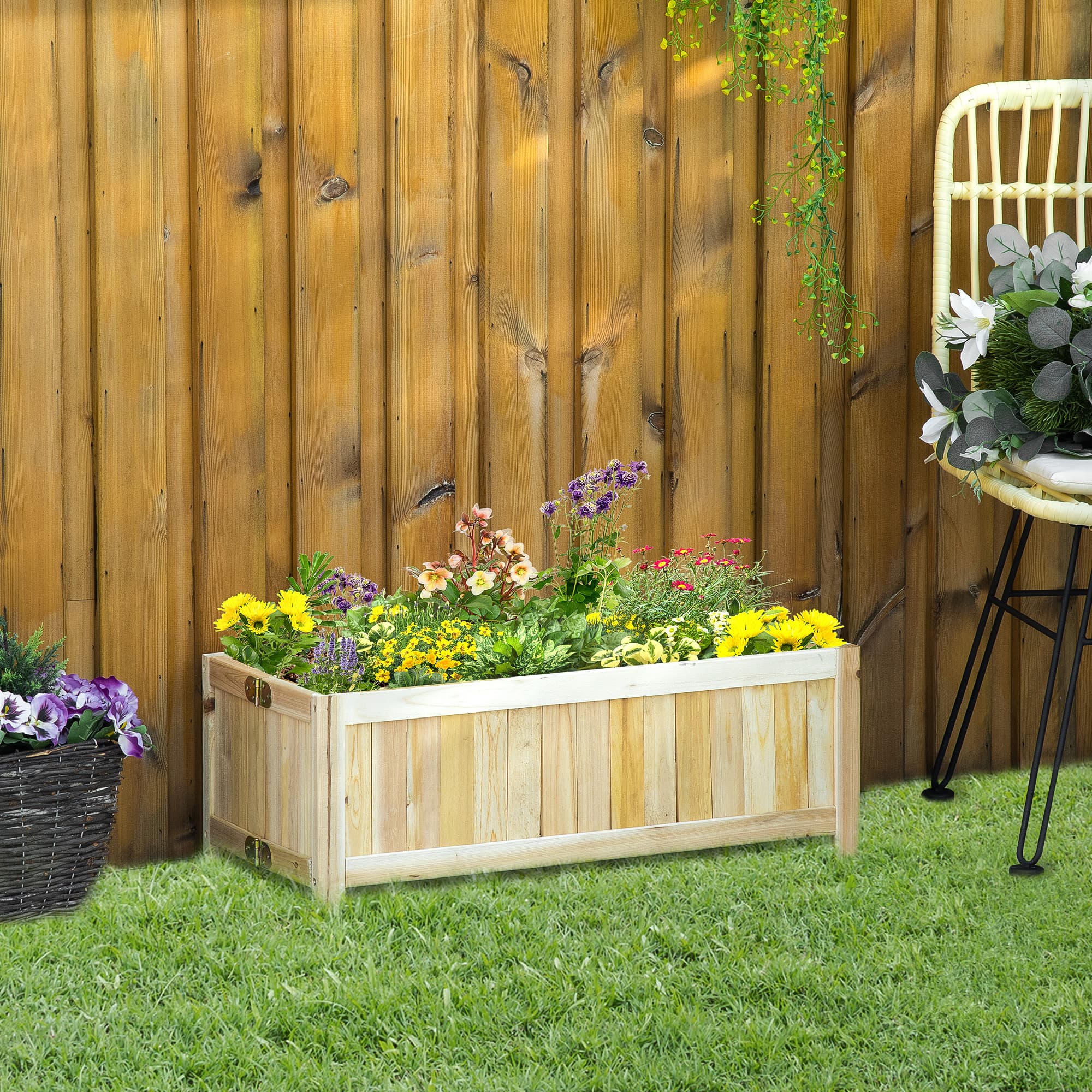 Outsunny Foldable Raised Garden Planter 28"x12" Elevated Wooden Planter Box Planting Bed Vegetable Flower Herb Growing Natural | Aosom Canada