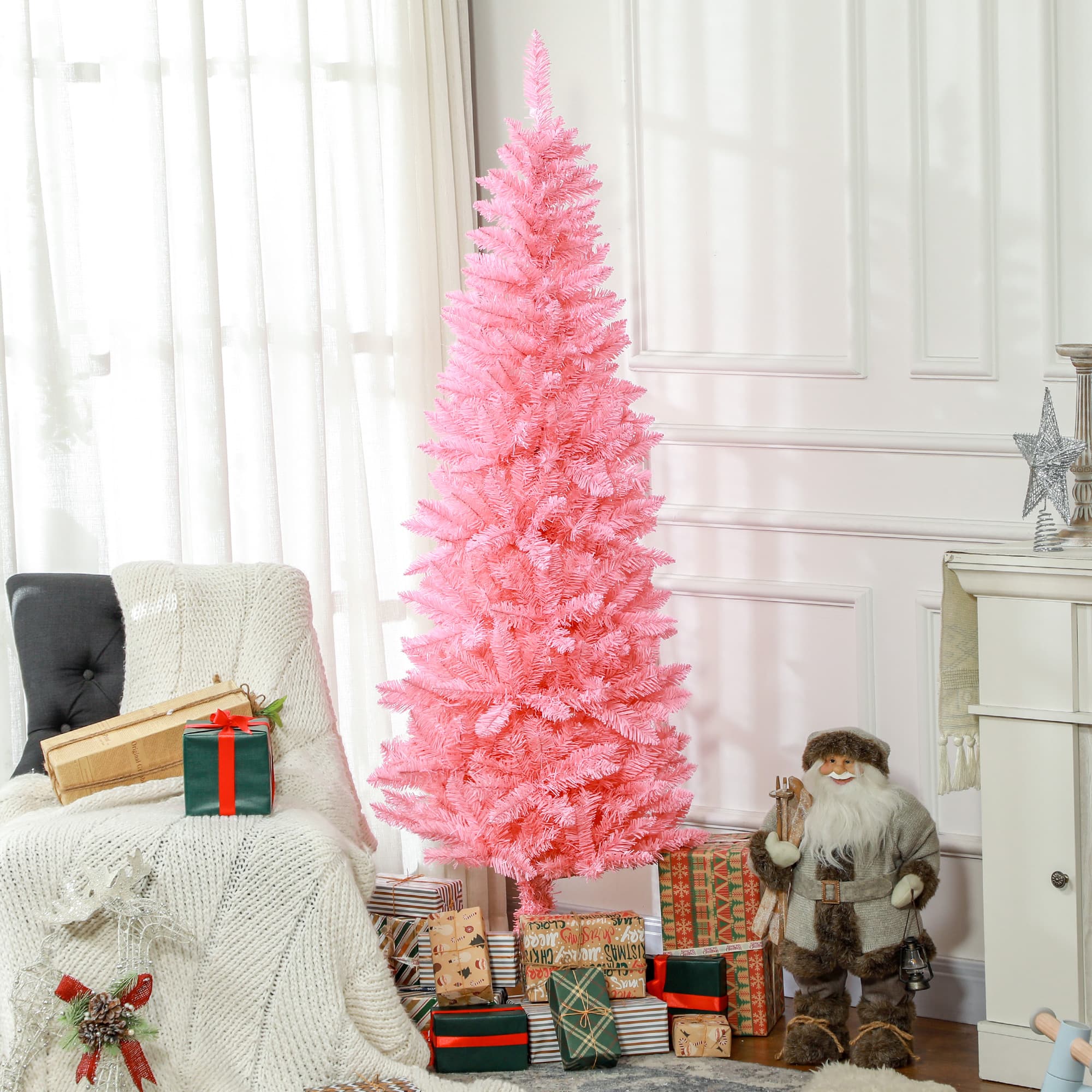 HOMCOM 6ft Tall Pencil Artificial Christmas Tree with 479 Branch Tips with Steel Base, Pink | Aosom Canada