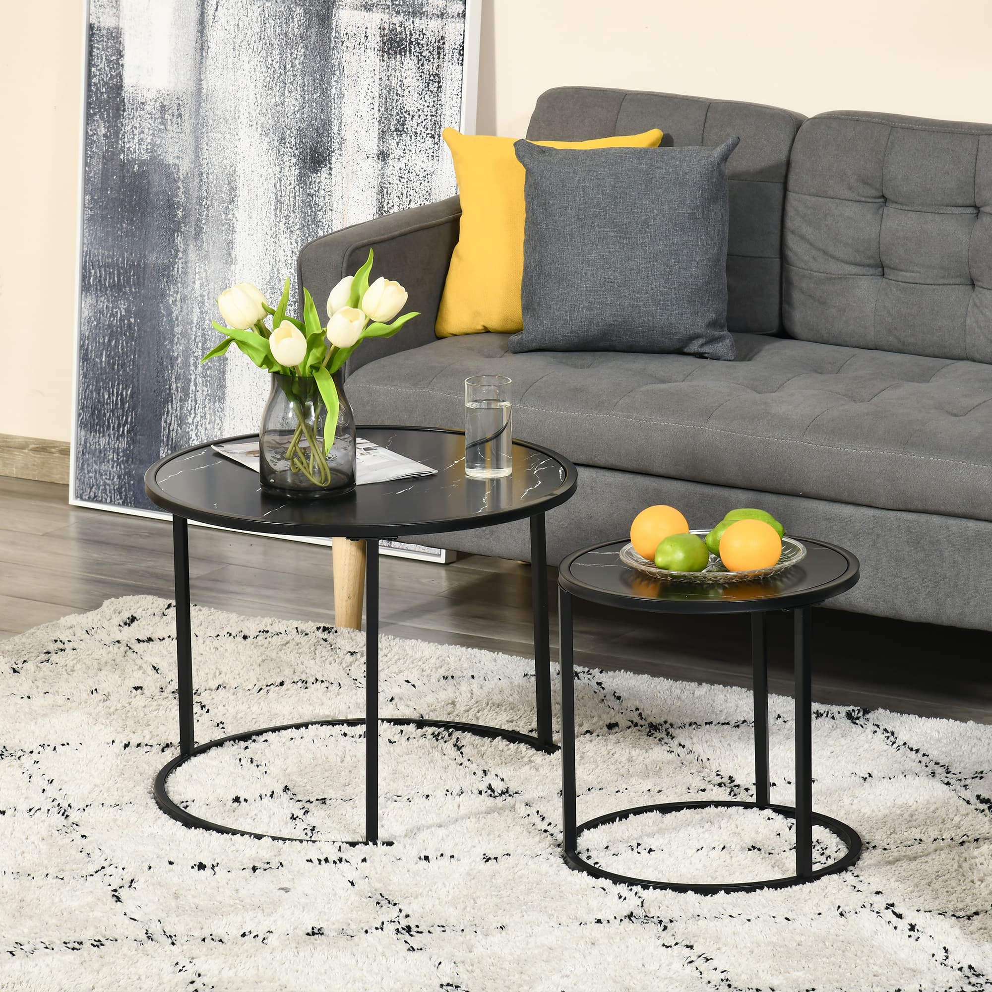 Homcom Black Nesting Coffee Tables: Round Set of 2 with Faux Marble Top & Metal Frame for Modern Style | Aosom Canada