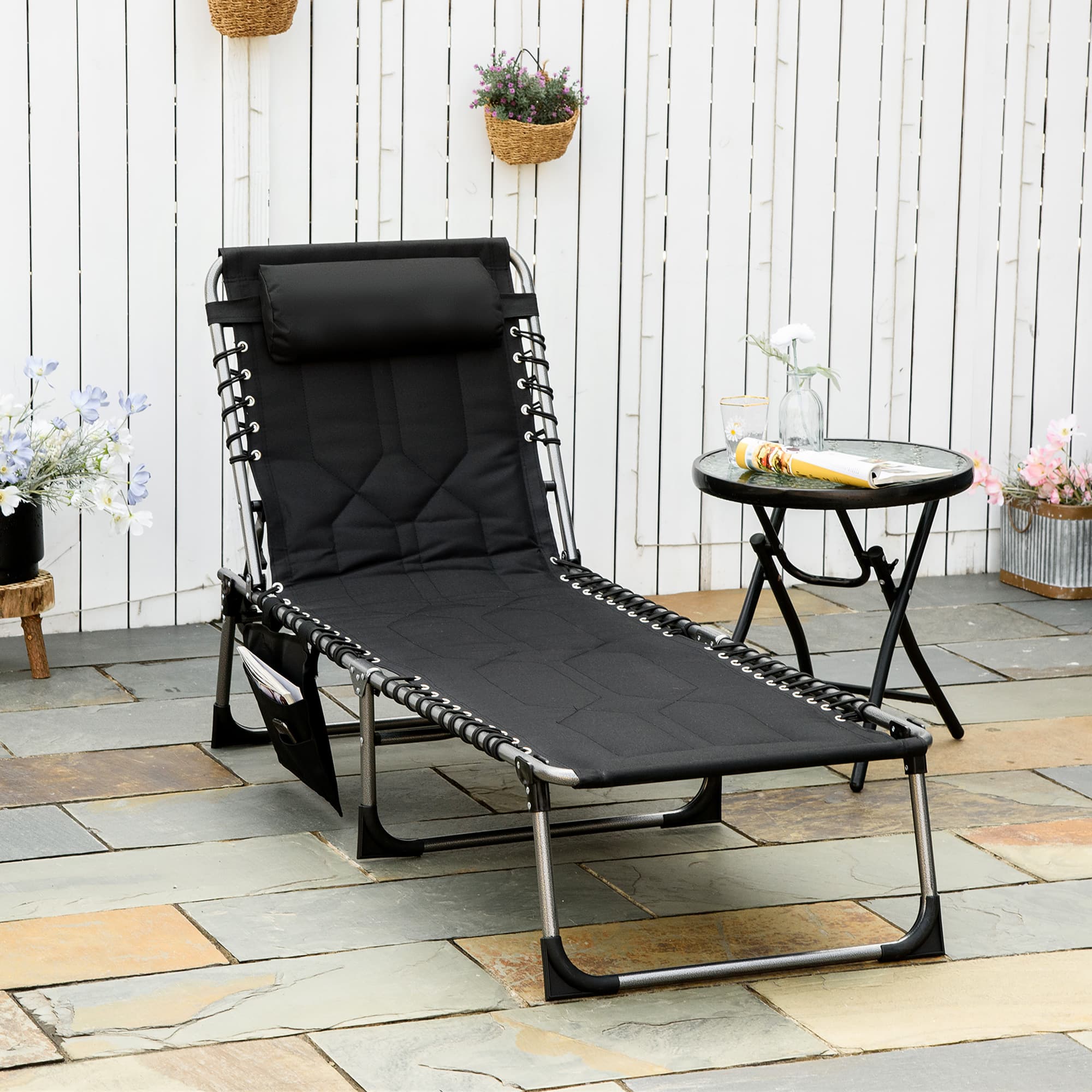 Outsunny Patio Folding Chaise Lounge Chair Outdoor Padded Tanning Recliner 5-Position Adjustable Black | Aosom Canada