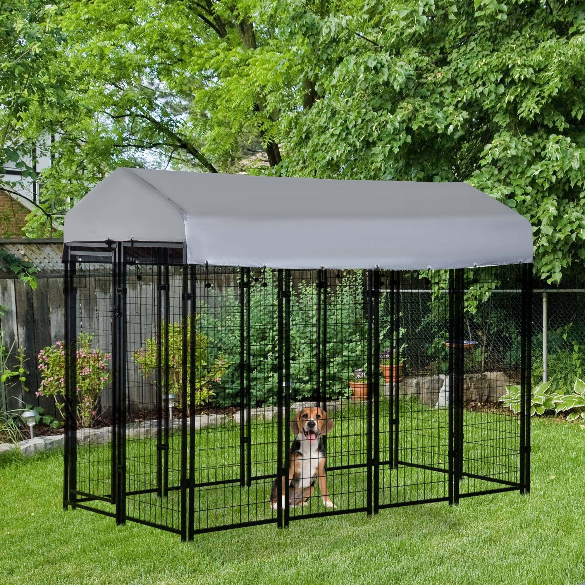 Pawhut Large Outdoor Dog Kennel 8'x4'x6' Steel Fence UV-Resistant Oxford Cloth Roof Secure Lock | Aosom Canada