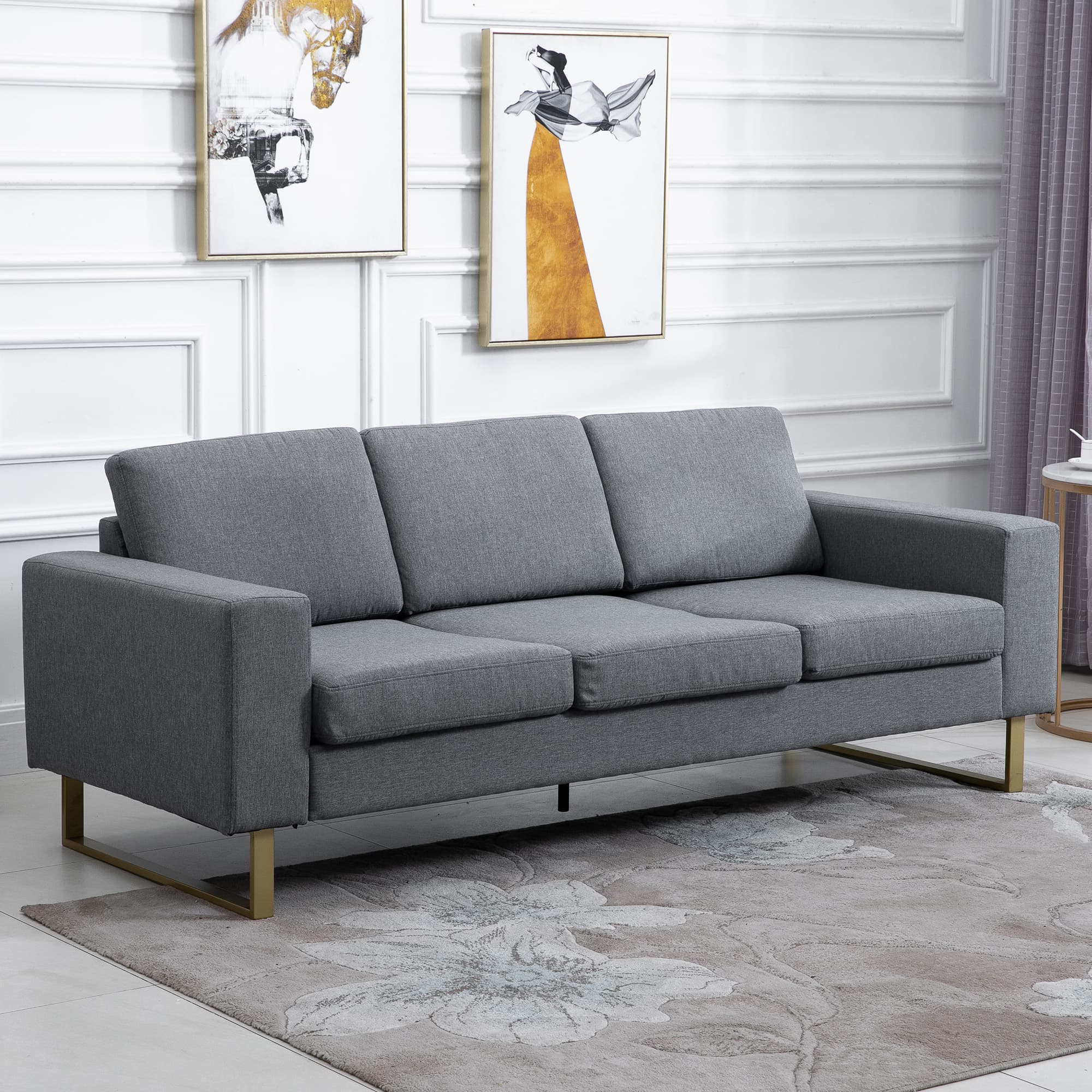 HOMCOM 3-Seater Modern Linen Sofa: Padded Couch with Upholstered Seat, Steel Leg, Grey | Aosom Canada
