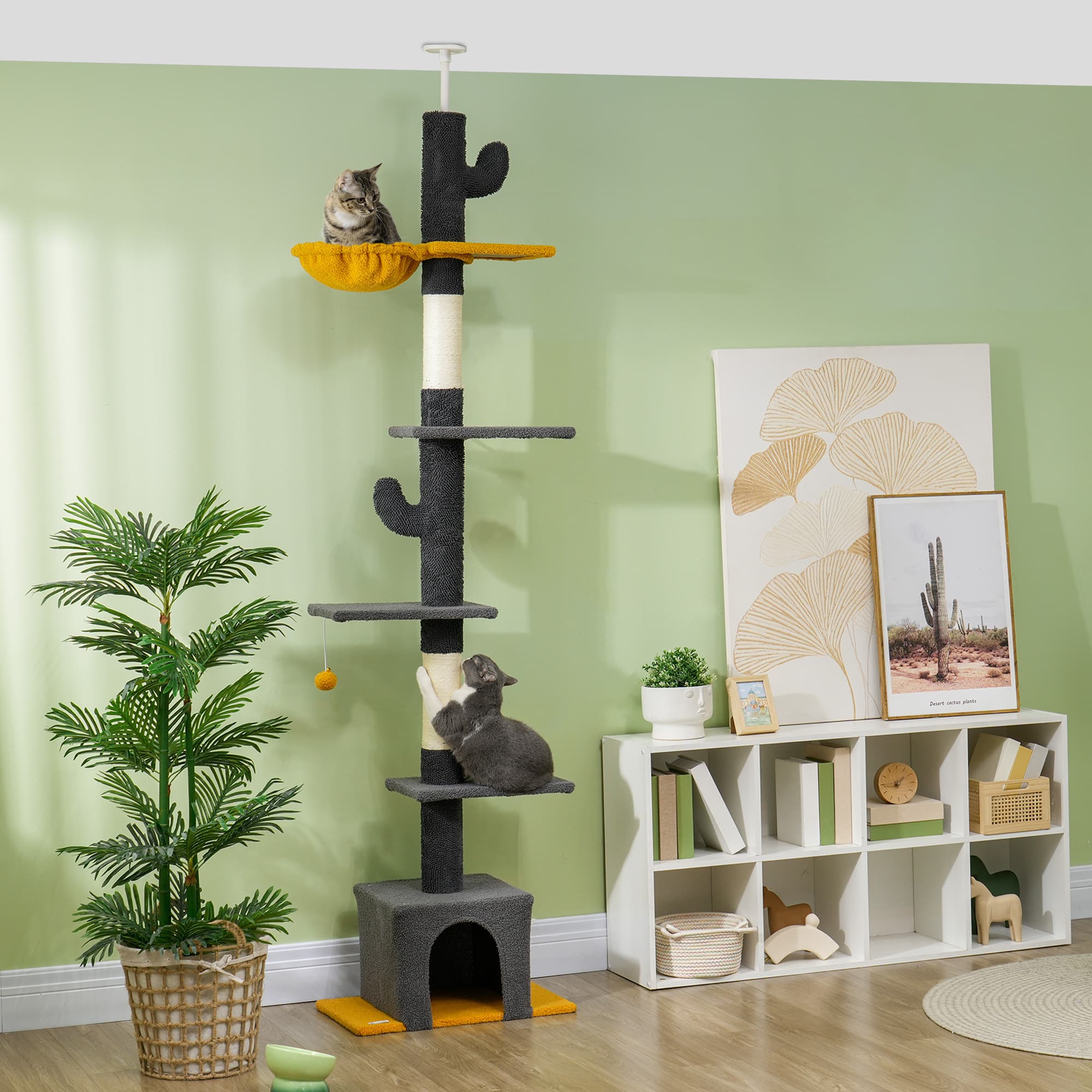 PawHut Floor to Ceiling Cat TreeTower with 90.5"-108" Adjustable Height, Scratching Posts, Hammock, Comdo, Toy Ball, Dark Grey | Aosom Canada