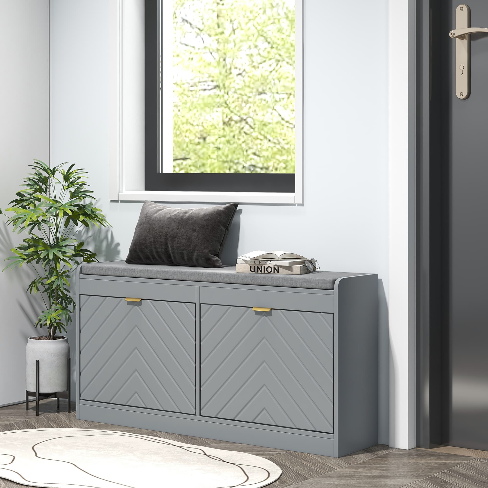 HOMCOM Shoe Storage with Seat, Upholstered Hallway Bench, Shoe Bench with 2 Flip Drawers and 2 Vents for 8 Pairs of Shoes | Aosom Canada