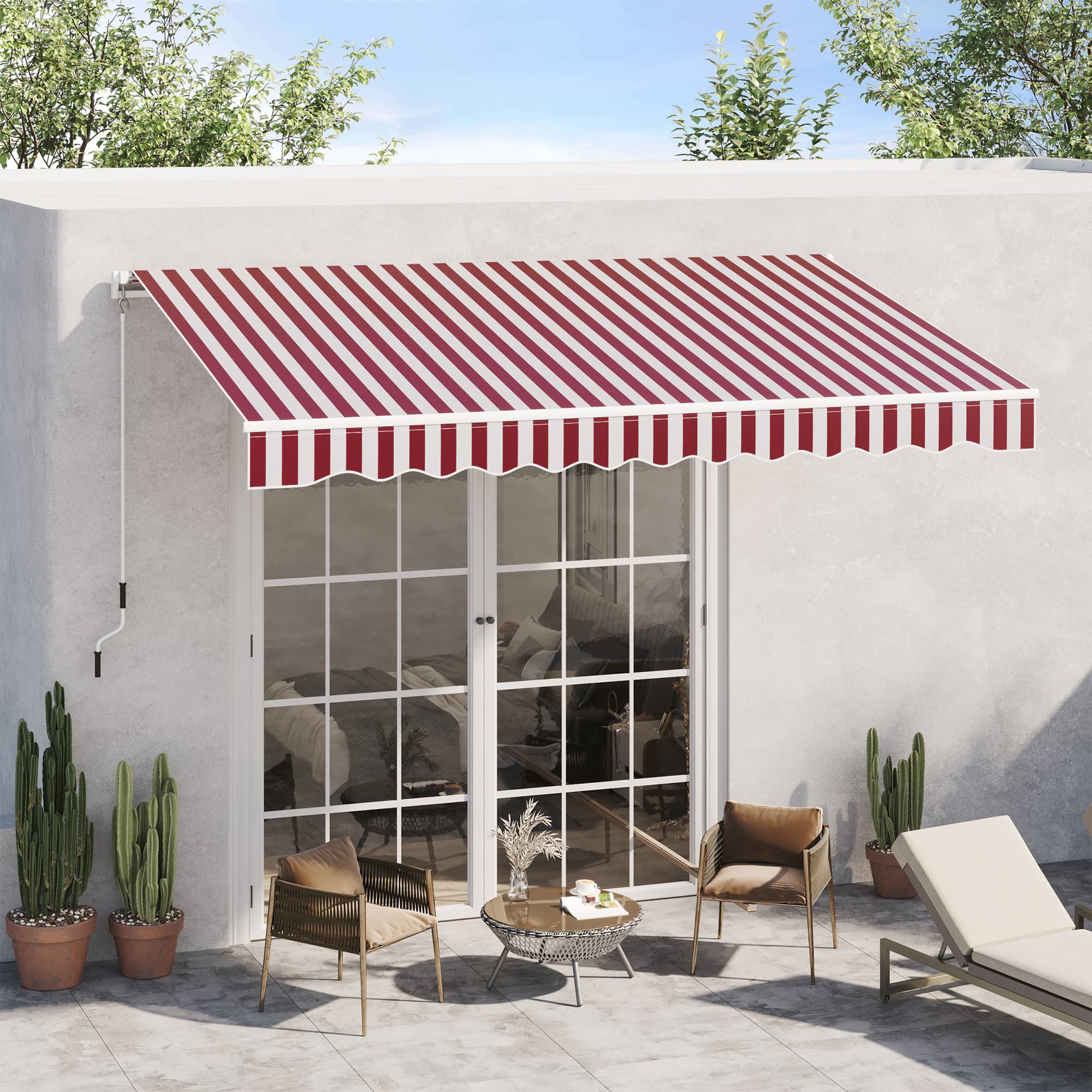Outsunny 10' x 8' Manual Retractable Awning Sun Shade Shelter Canopy with UV Protection Wine Red and White Stripe | Aosom Canada