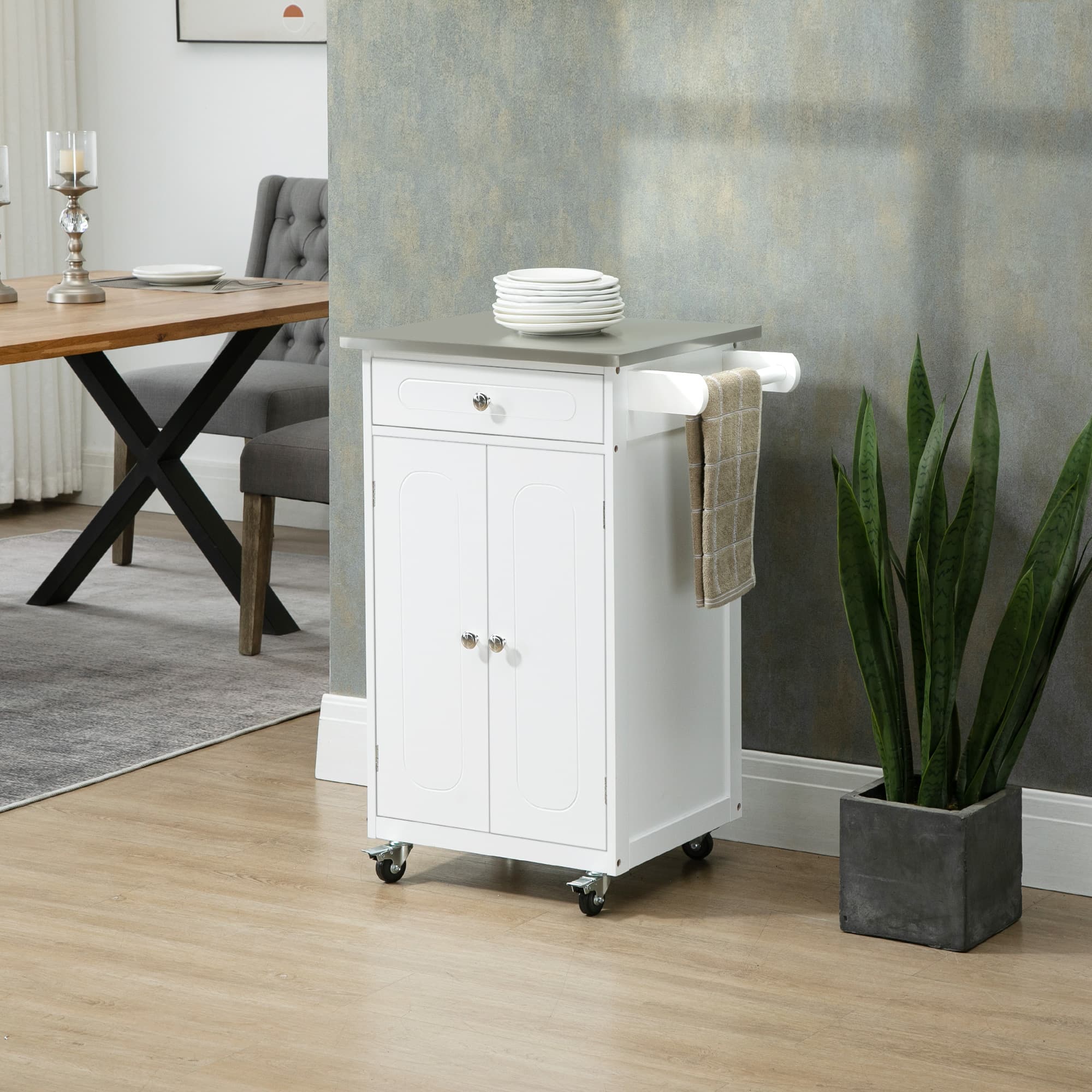 HOMCOM Compact Kitchen Cart Island Stainless Steel Top Mobile Trolley Storage Drawer Dining White | Aosom Canada