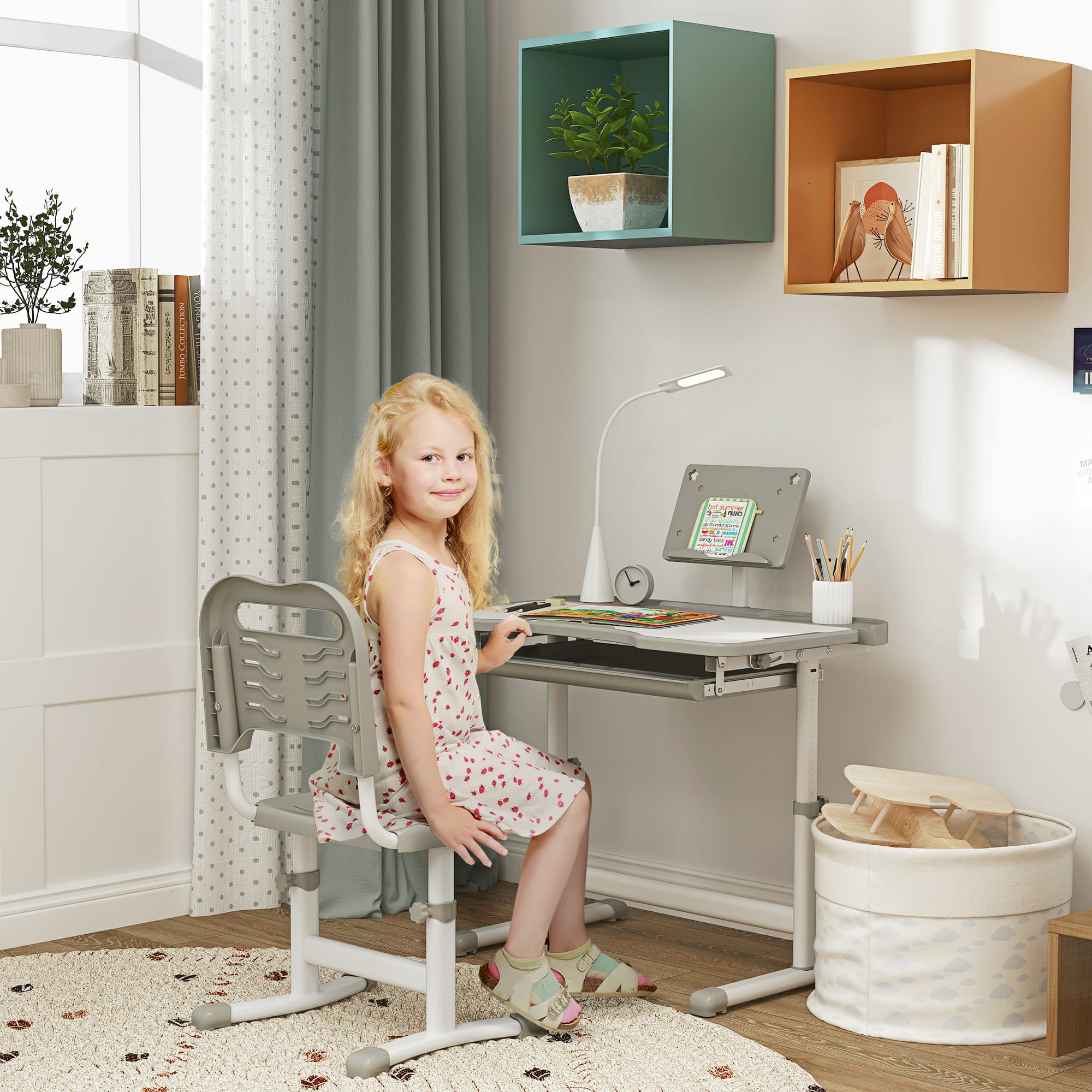 Qaba Kids Desk and Chair Set Height Adjustable Student Writing Desk Children School Study Table with Tilt Desktop, Grey | Aosom Canada