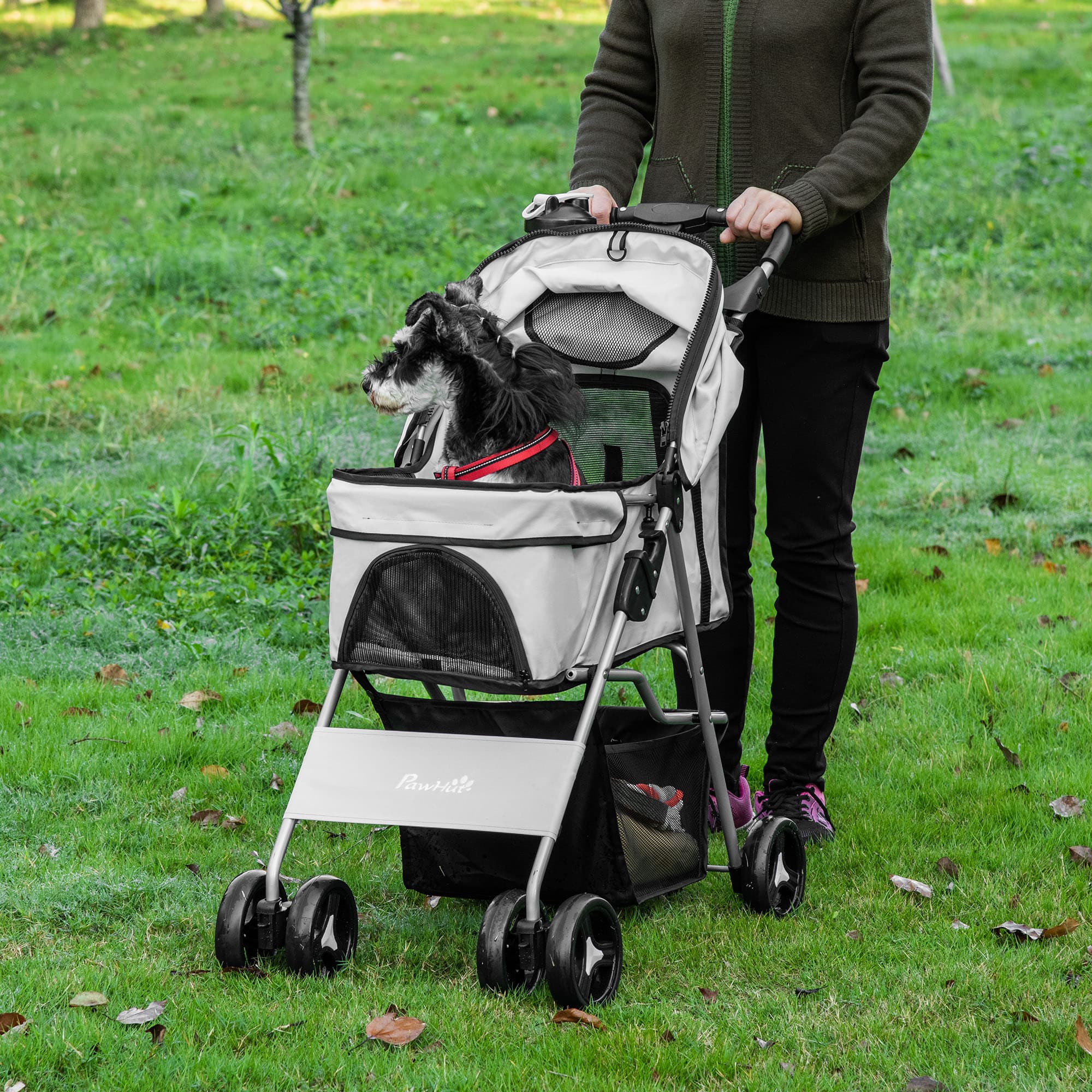 PawHut Deluxe Pet Stroller for Cats & Dogs - Foldable 4-Wheel Travel Jogger with Cup Holder, Storage Basket & Swivel Front Wheels | Aosom Canada