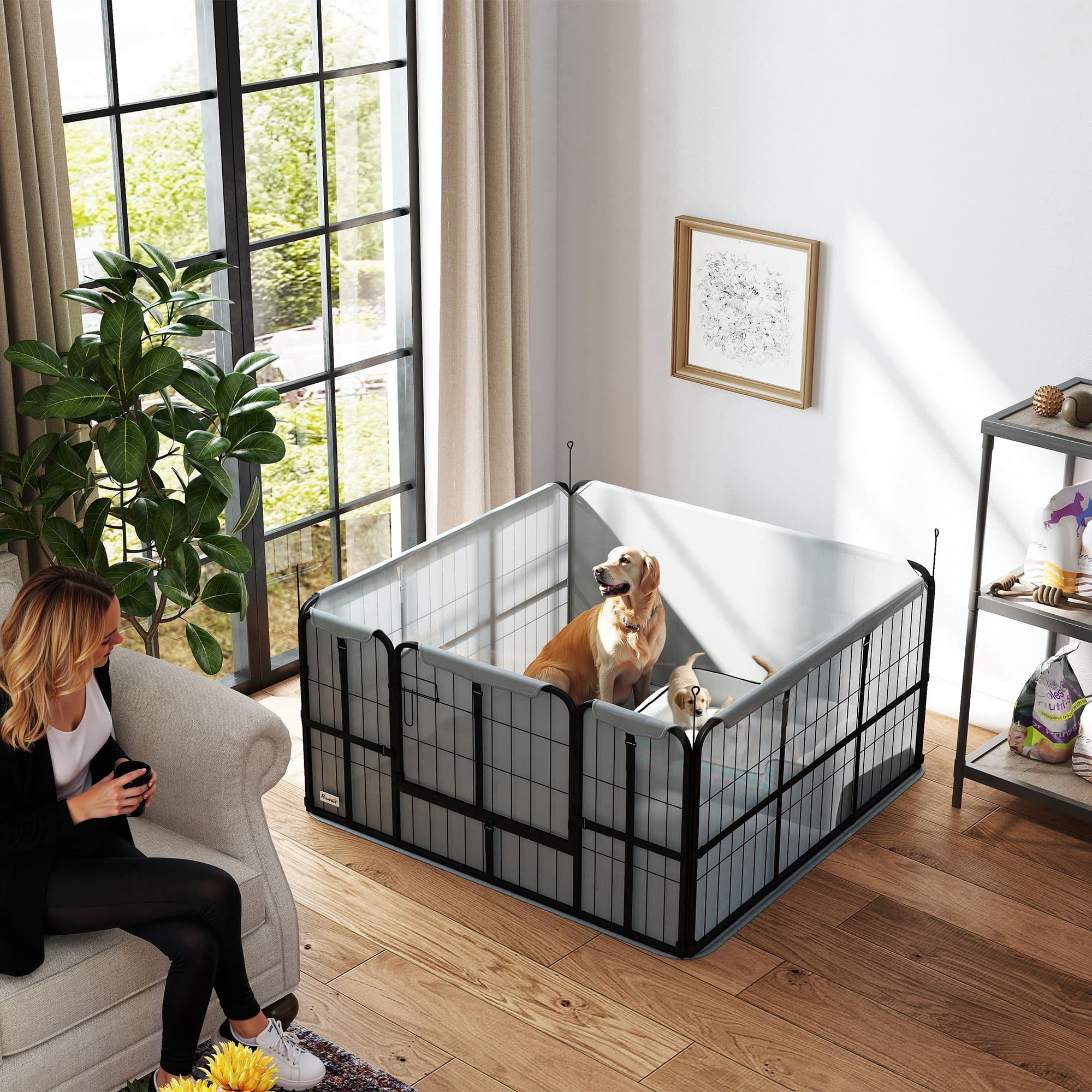 PawHut 4 Panel Dog Whelping Box with 600D Windproof Oxford Fabric Cloth, Washable Pee Pad, for M L Dogs, 48" x 48" x 23.6" | Aosom Canada