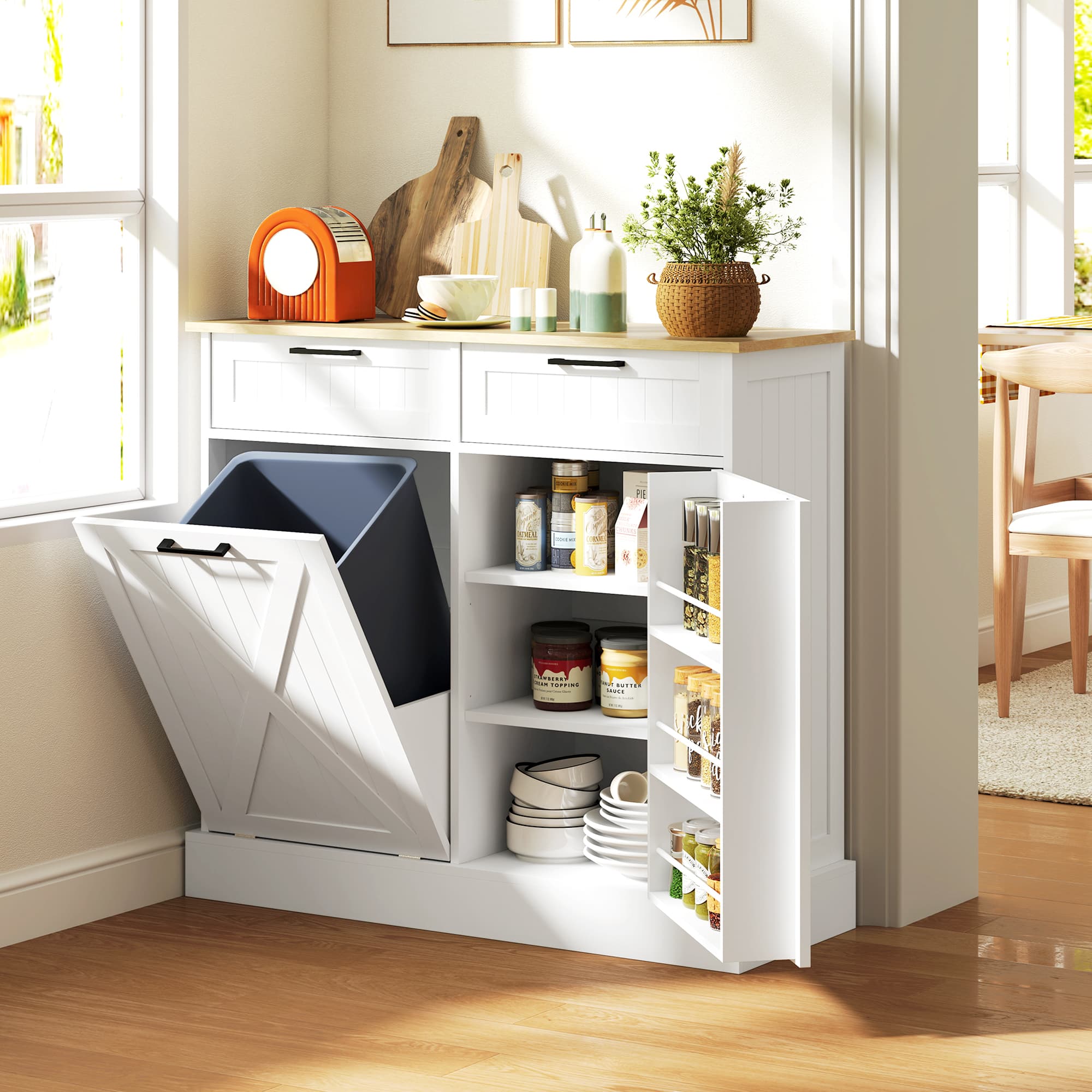 HOMCOM Hidden Garbage Bin Cabinet, Tilt Out Trash Cabinet w/ 2 Drawers, Freestanding Kitchen Island for Laundry, White | Aosom Canada