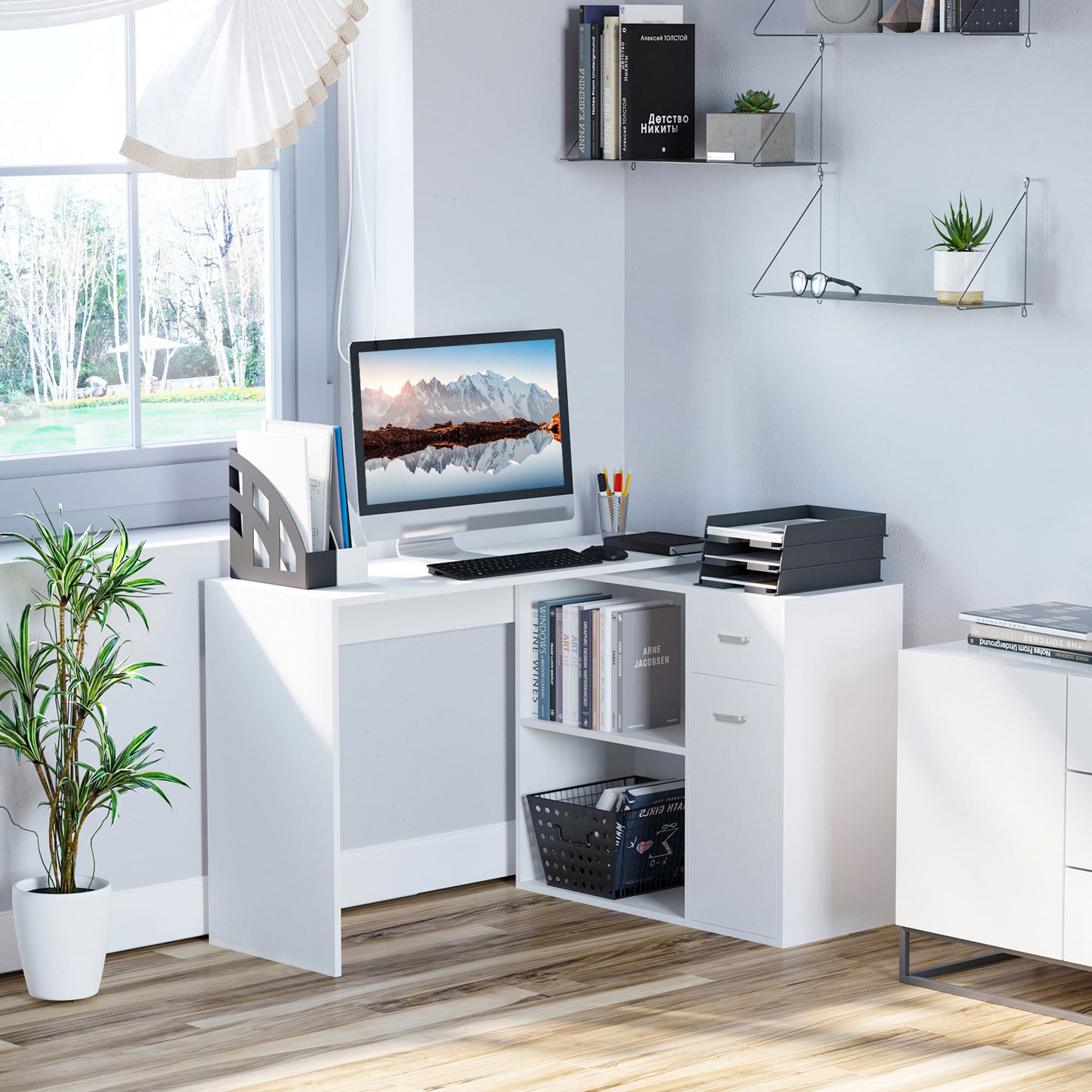 HOMCOM L Shaped Desk Corner Computer Table with Storage Cabinet Shelf Study Writing Home Office White | Aosom Canada