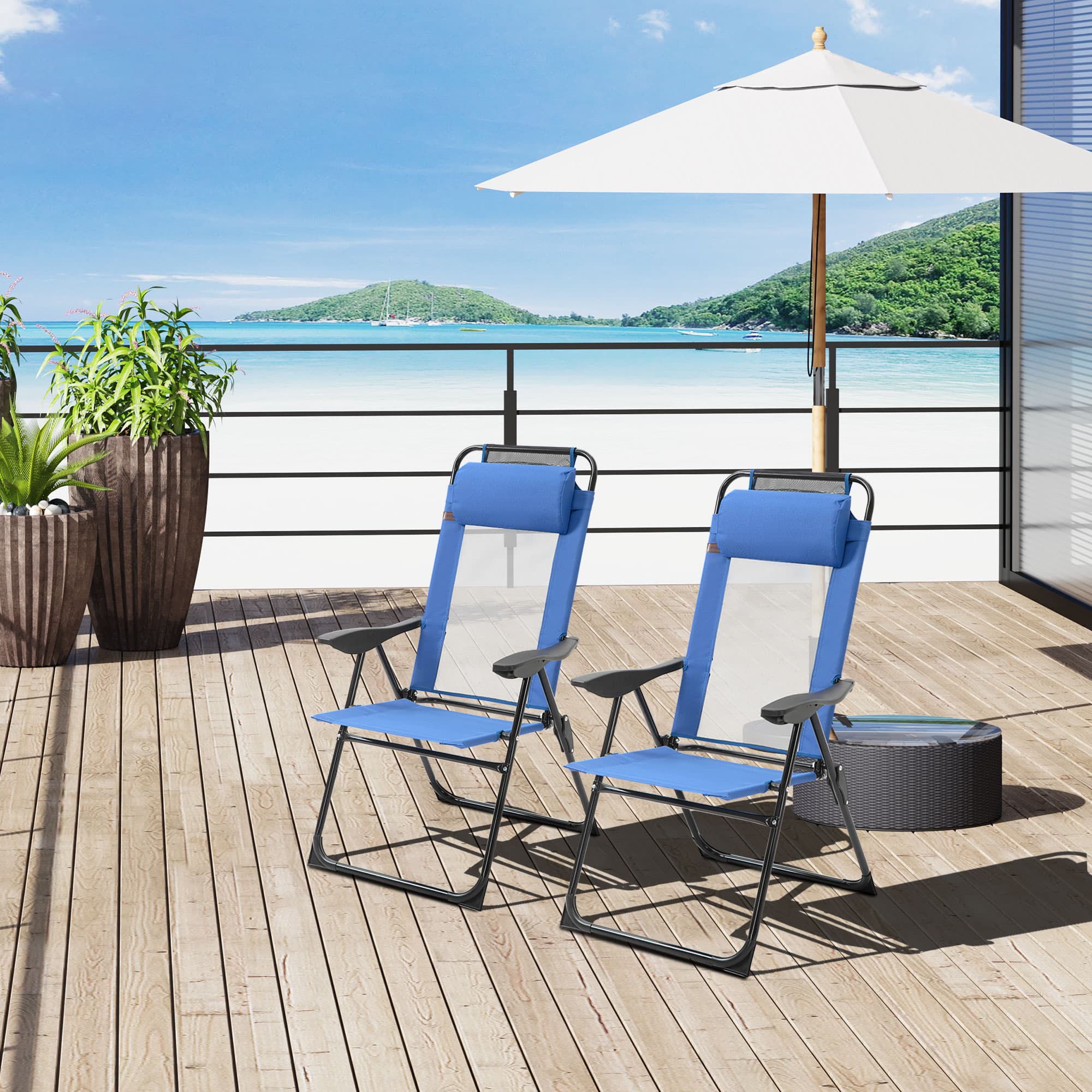 Outsunny Double Camping Chairs Foldable Reclining with Headrest Blue | Aosom Canada