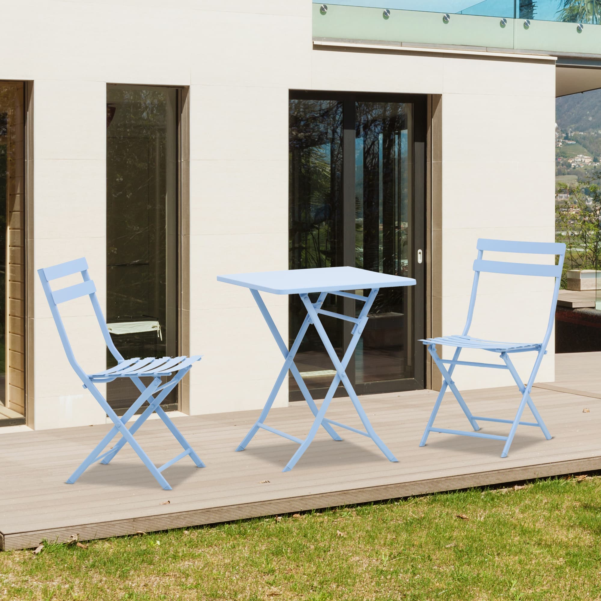Outsunny 3 Pieces Garden Bistro Coffee Set Foldable Patio Chair & Square Table for Outdoor Yard Porch Poolside Balcony Blue | Aosom Canada