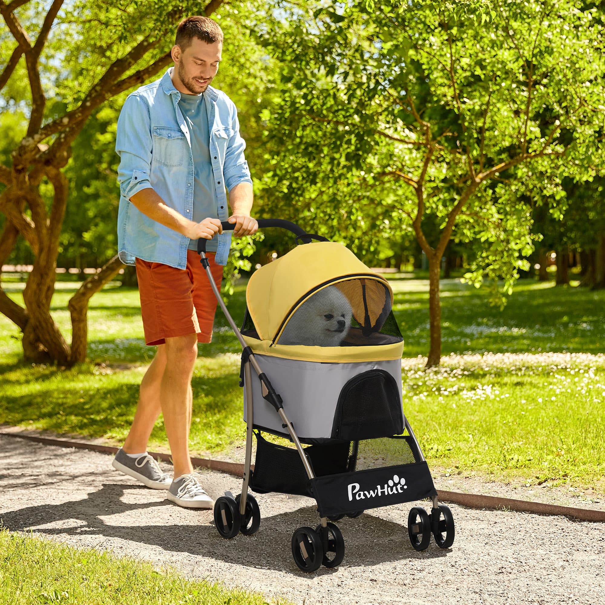 PawHut 3 in 1 Pet Stroller for Dogs and Cats Folding Travel Carrier with Brake Canopy Basket Storage Bag Yellow | Aosom Canada