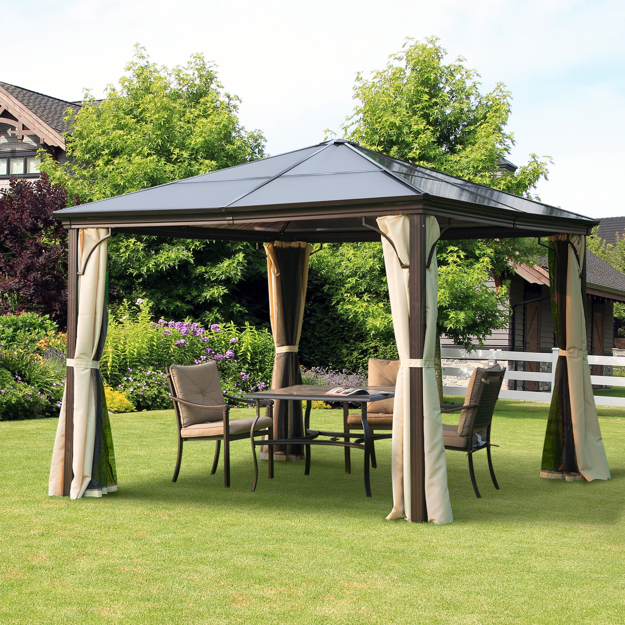 Outsunny 10x10 ft Hard Top Gazebo Canopy Heavy Duty Shelter Sun Shade Beige Coffee with Curtain | Aosom Canada