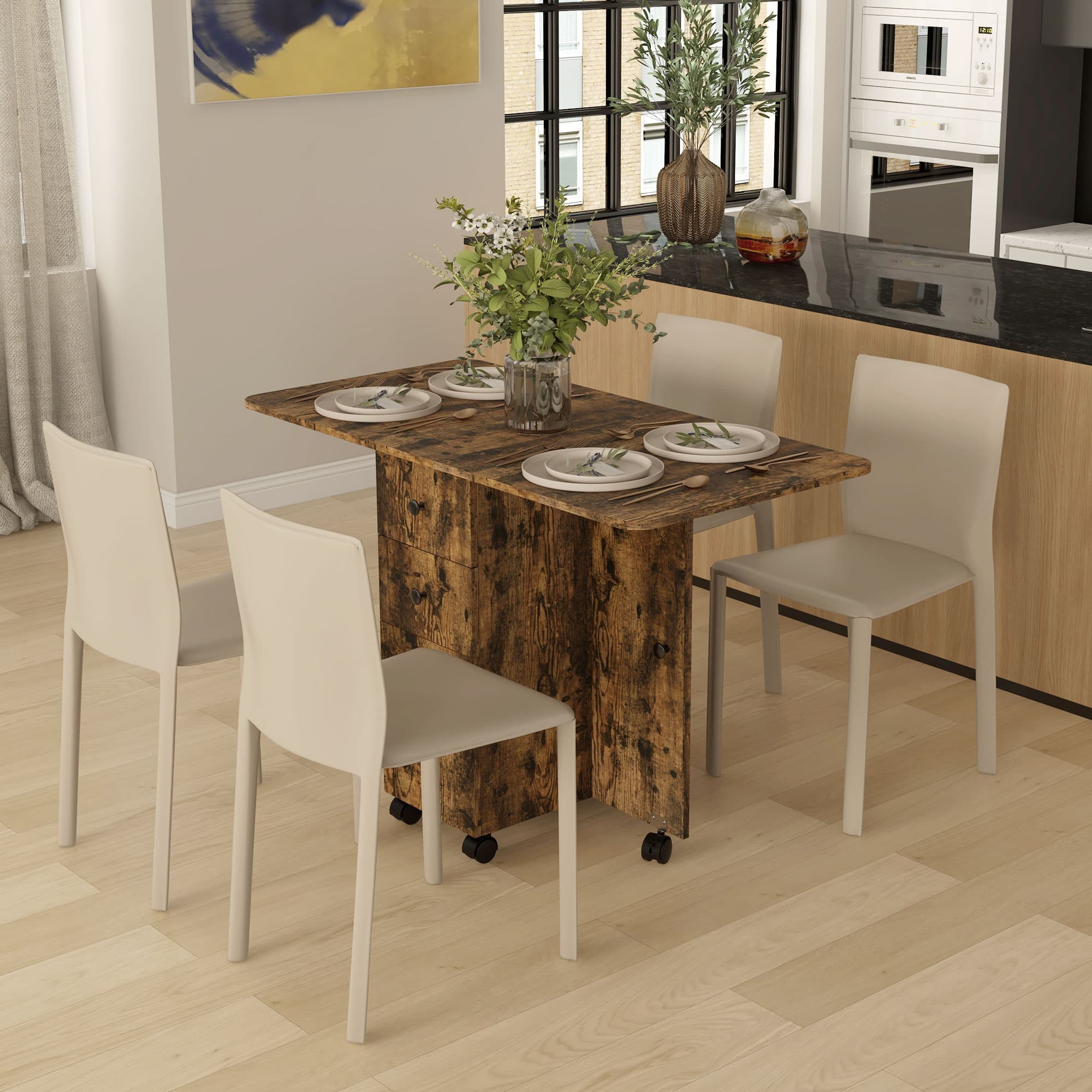 HOMCOM Drop Leaf Dining Table, Mobile Folding Table on Wheels with Drawers and Cabinet for Dining Room, Kitchen, Rustic Brown | Aosom Canada