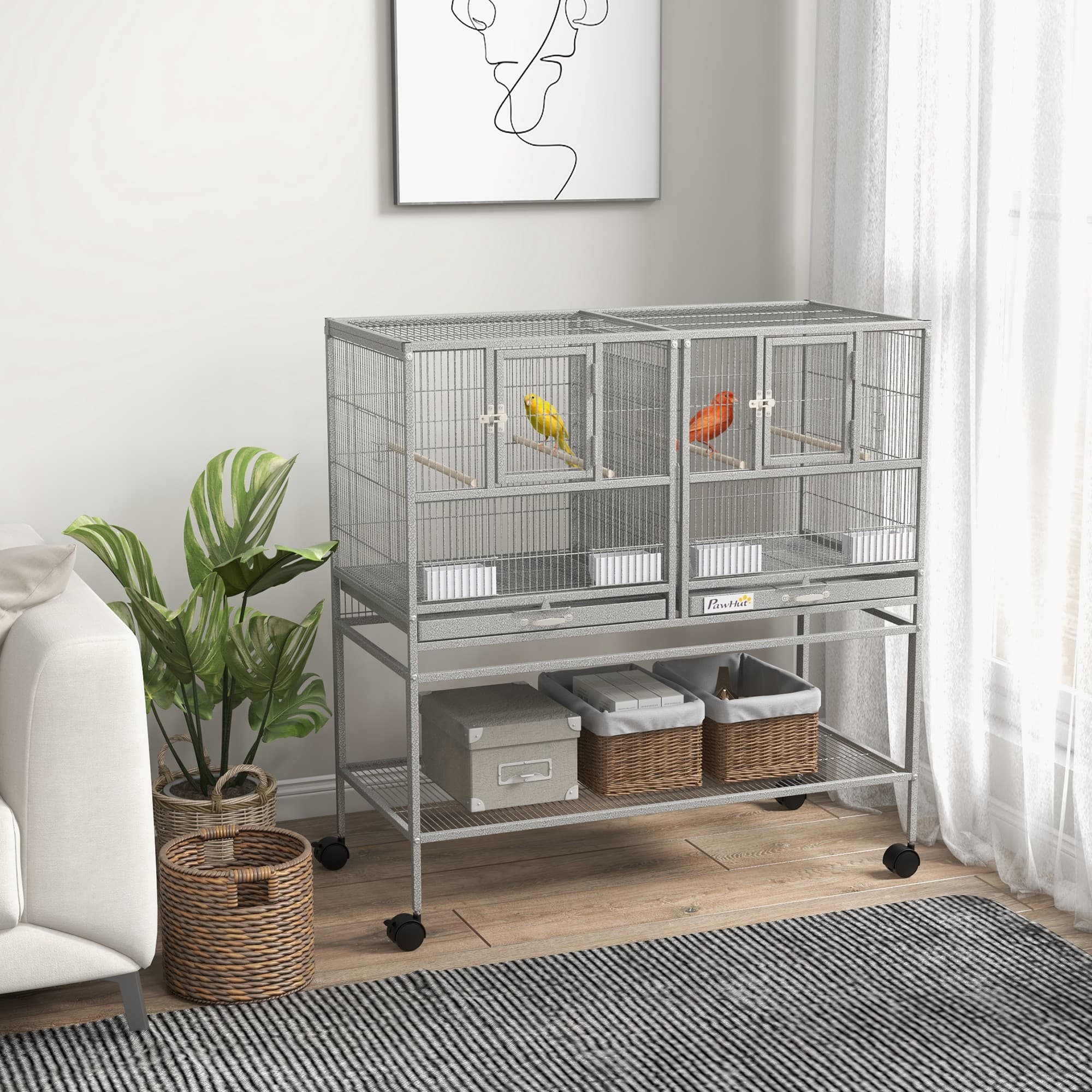 PawHut Large Double Rolling Metal Bird Cage Bird House w/ Removable Tray Storage Shelf | Aosom Canada