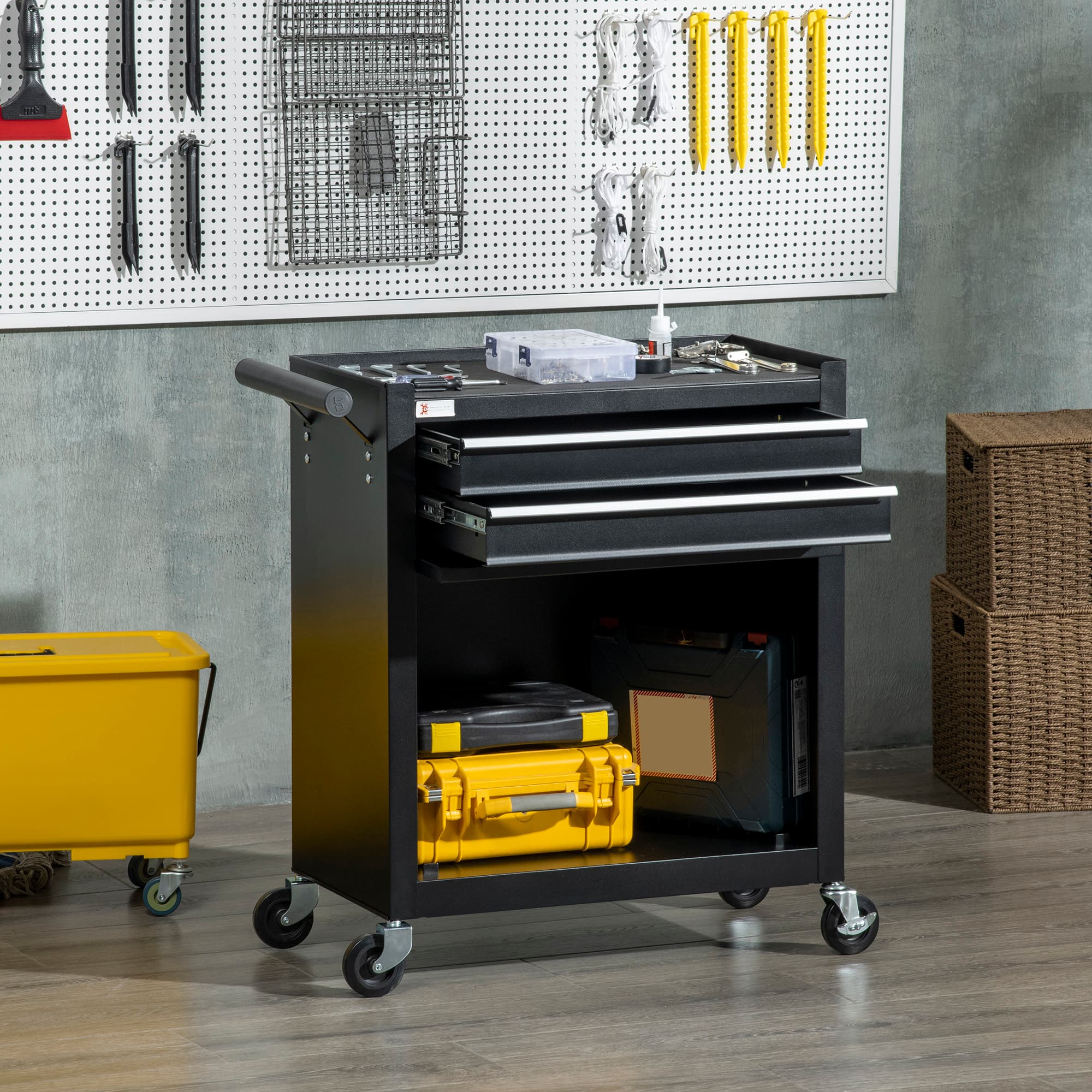 DURHAND Rolling Tool Vault: 2-Drawer Steel Chest for Warehouse & Workshop Organization, Black | Aosom Canada
