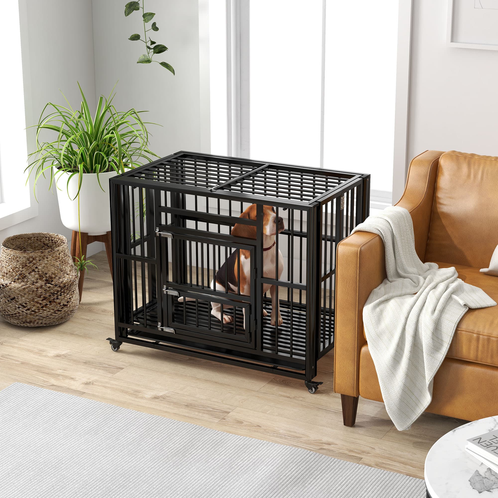 PawHut 37" Heavy Duty Metal Dog Crate with Wheels Double Doors Removable Tray for Small Medium Dogs Black | Aosom Canada