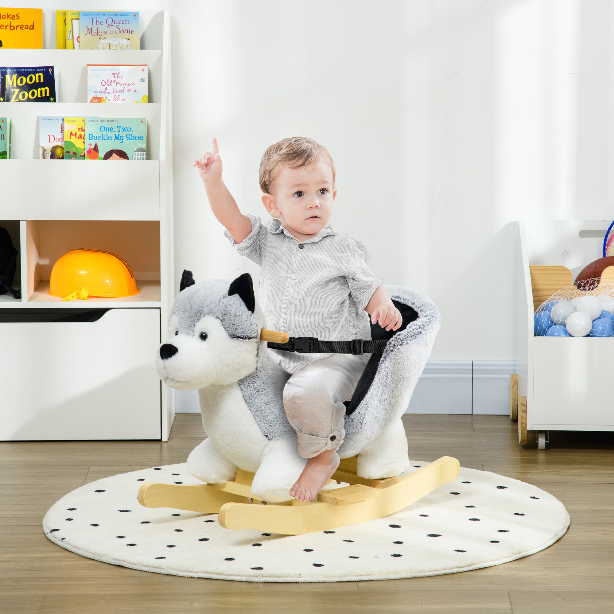 Qaba Husky Rocking Horse for Kids - Plush Ride-On Toy with Realistic Sounds & Seat Belt, 18-36 Months, Grey | Aosom Canada