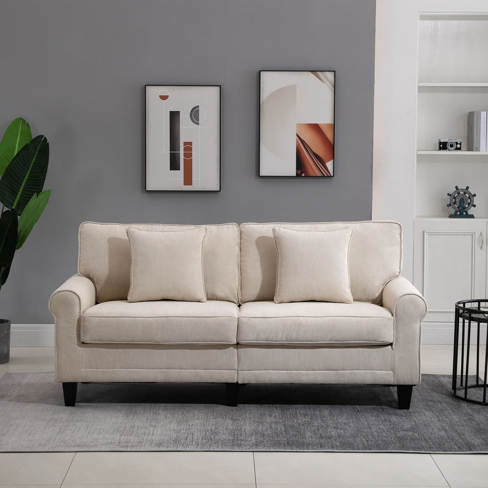 HOMCOM Modern 3 Seater Sofa, Corduroy Fabric 3 Seater Couch with Pine Wood Legs and Rolled Armrests for Living Room, Beige | Aosom Canada