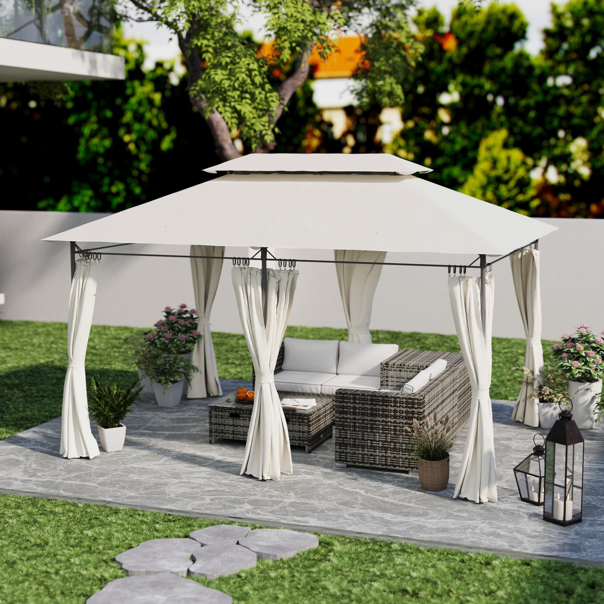 Outsunny 10' x 13' Double Roof Patio Gazebo, Outdoor Gazebo with Curtains, for Garden, Lawn, Backyard and Deck, Cream White | Aosom Canada