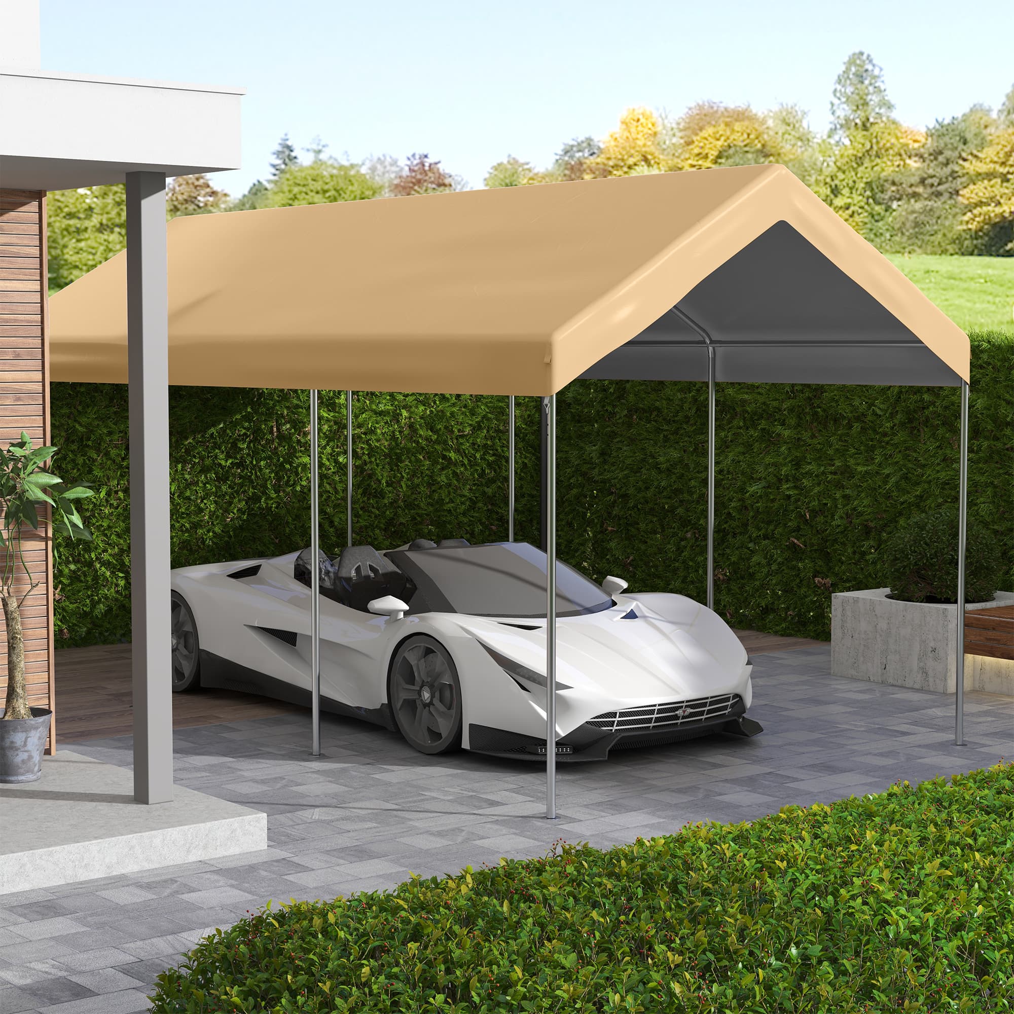 Outsunny 10 x 20ft Carport Replacement Canopy, UV Resistant Garage Car Cover with Ball Bungee Cords, Beige | Aosom Canada