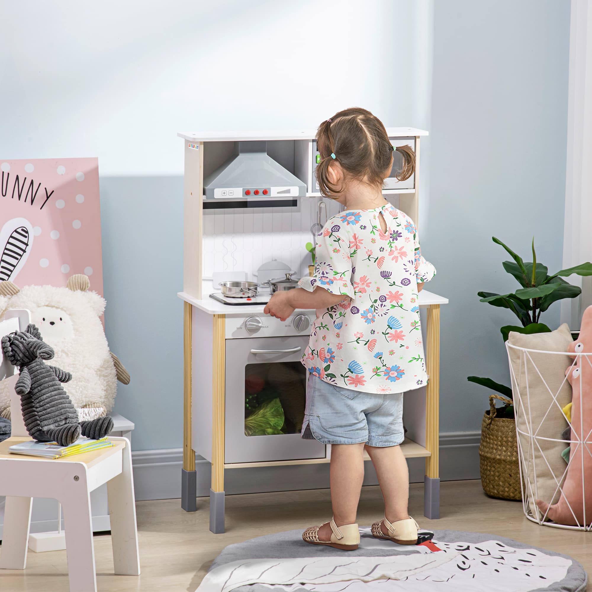 Qaba Interactive Wooden Kitchen Set for Kids - Realistic Lights, Sounds, Adjustable Height, Complete with Microwave and Hood | Aosom Canada