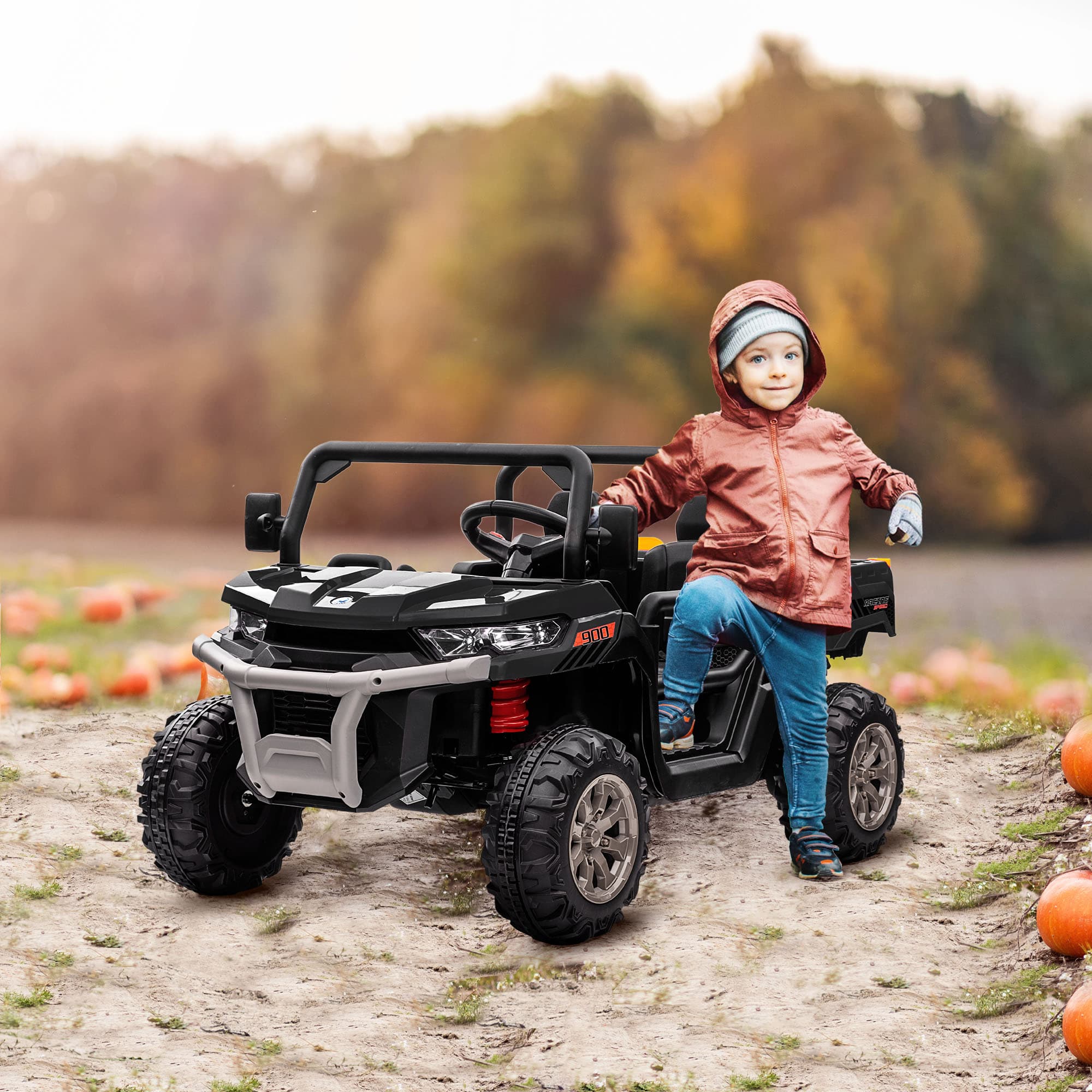 Aosom Kids Ride On Car 12V Battery Powered 2 Seater Truck with Remote Control Music Lights Spring Suspension Black | Aosom Canada