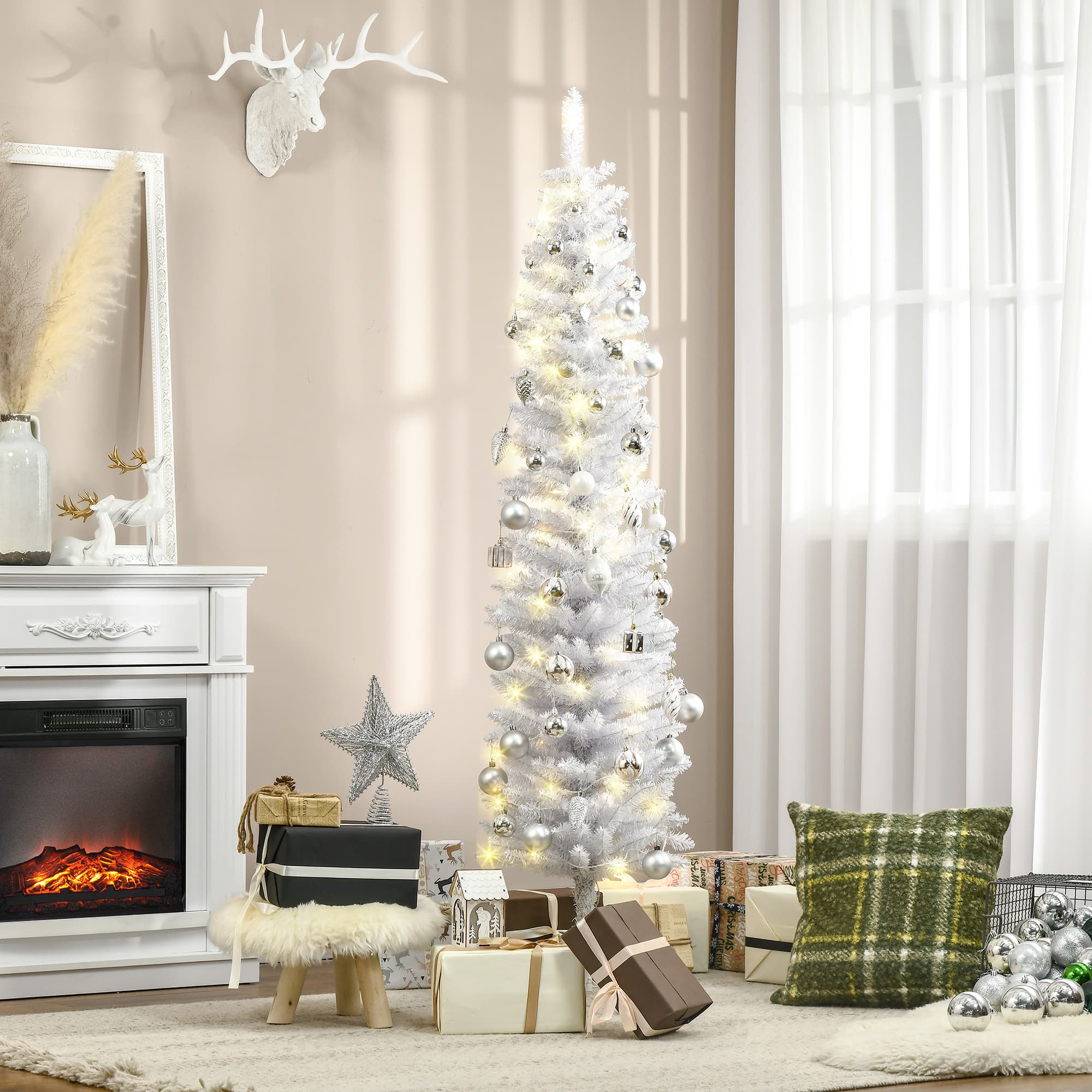 HOMCOM 6 ft. Tall Pre-lit Pencil Artificial Christmas Tree, Holiday Décor with 395 Realistic Branches,100 LED Lights,Foldable Metal Base| Aosom Canada