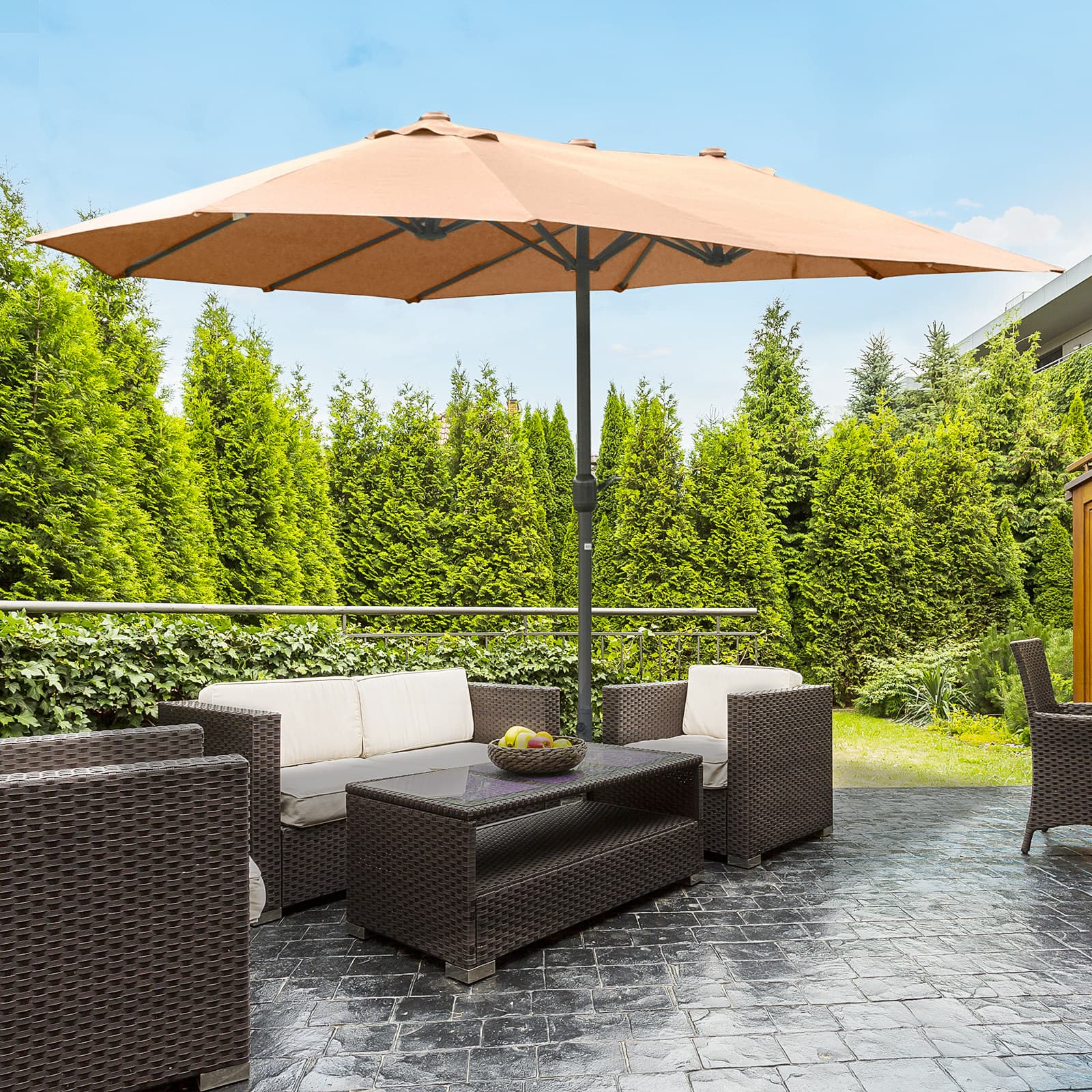 Outsunny 15' Outdoor Patio Umbrella with Twin Canopy Sunshade Steel Table Umbrella w/ Lift Crank, Cross base, Sandbag, Brown | Aosom Canada