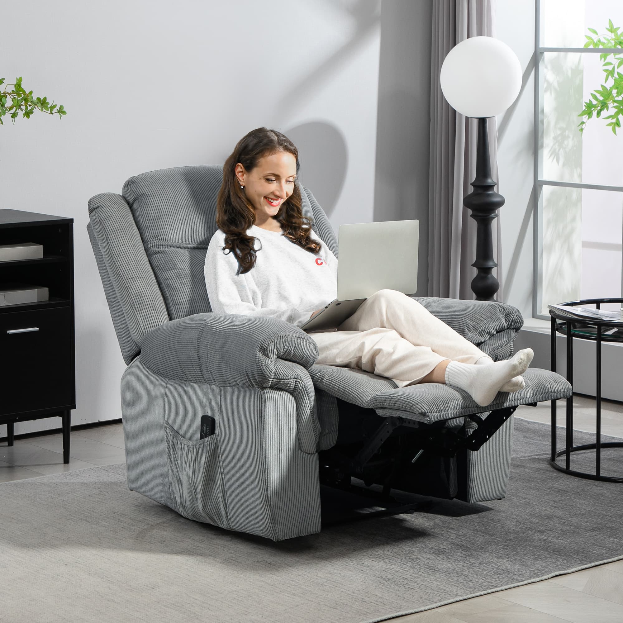 HOMCOM Manual Recliner Chair with Vibration Massage, Side Pockets, Corduroy Reclining Chair for Living Room, Grey | Aosom Canada