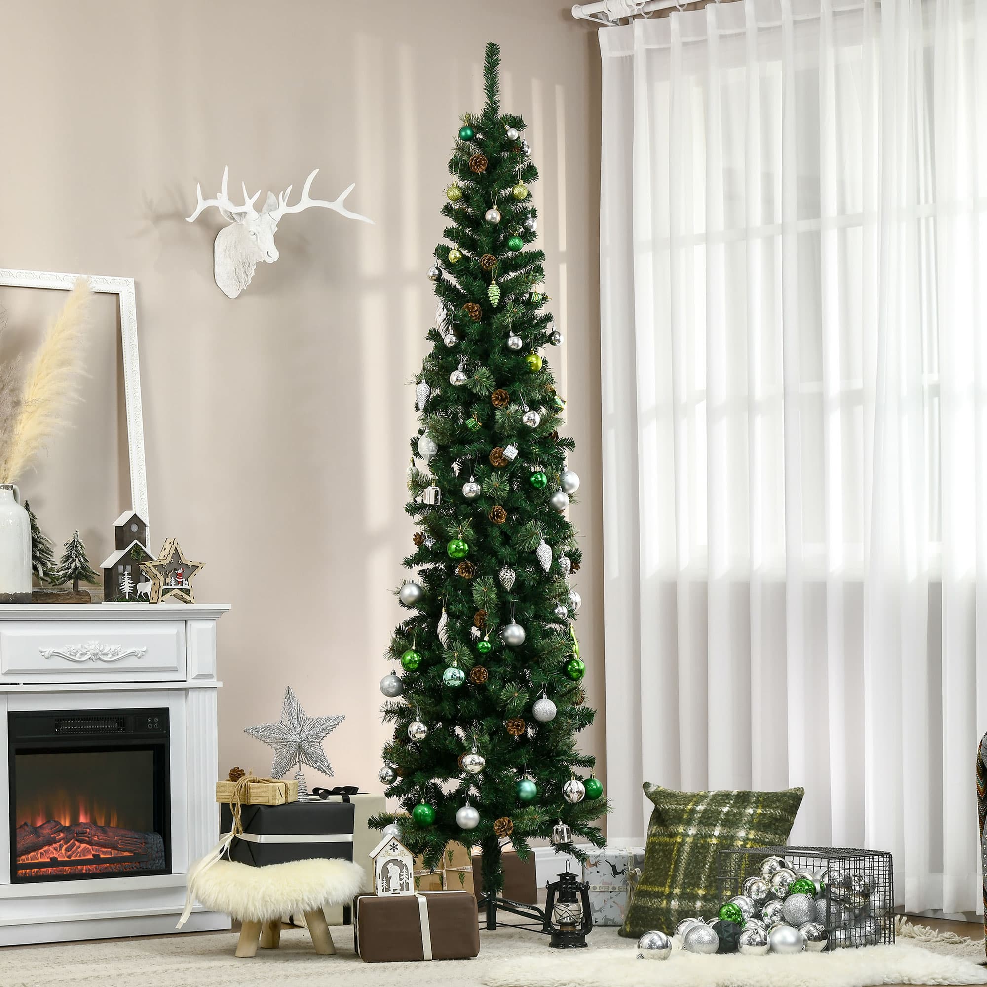 HOMCOM 7.5 Foot Pencil Artificial Christmas Tree, Slim Pine Needles Xmas Tree with 706 Realistic Branches, 33 Pine Cones, Metal Base,| Aosom Canada