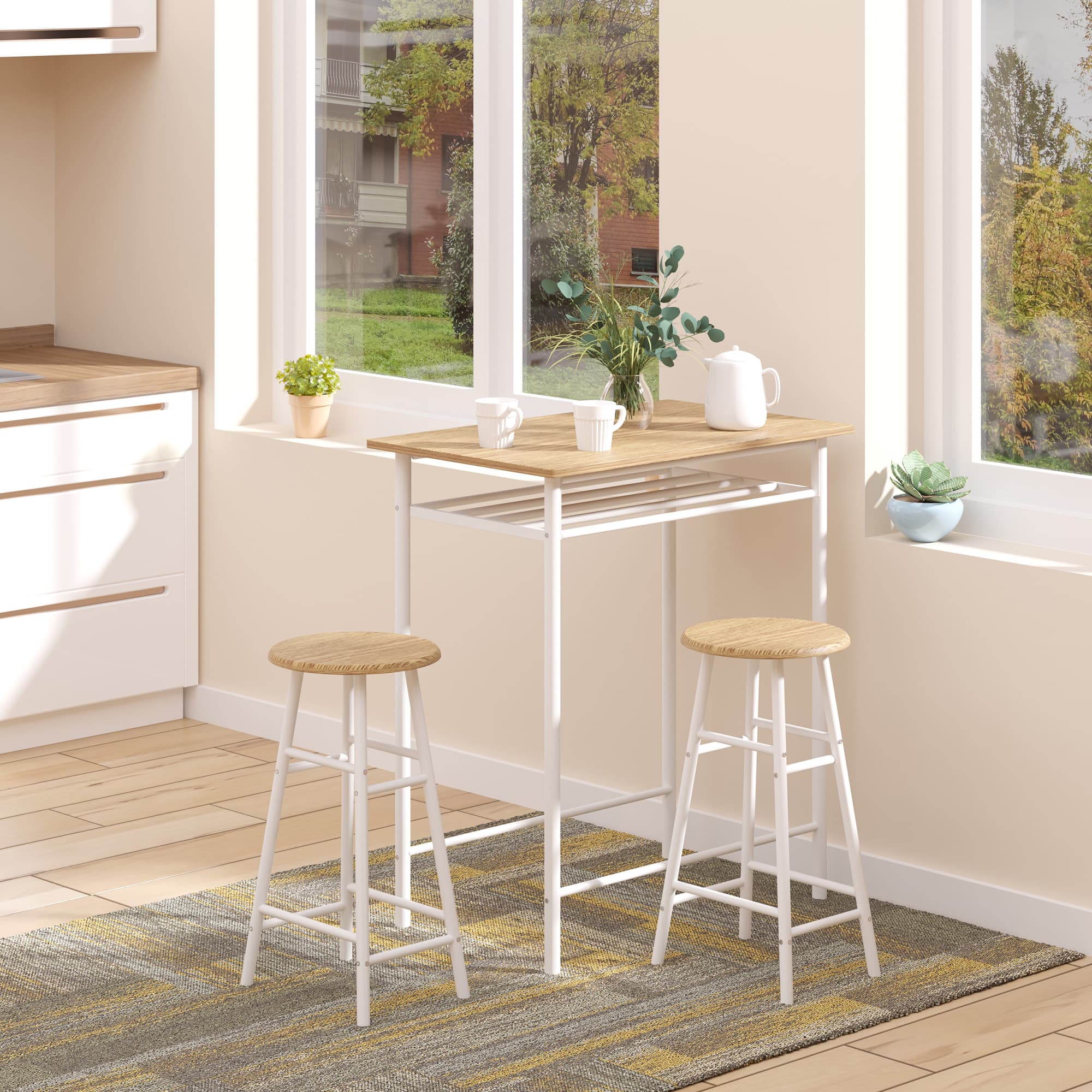 HOMCOM Counter Height Dining Set 3 Piece White Oak with Storage Shelf Metal Frame Footrest 1 Table 2 Stools for Kitchen | Aosom Canada