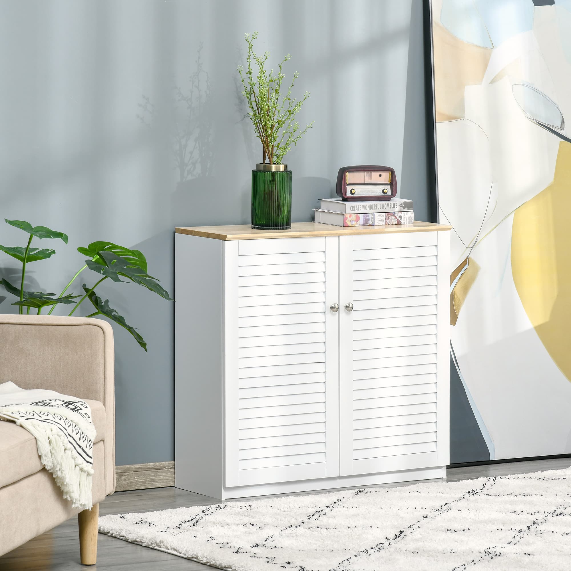 HOMCOM Bathroom Bliss: Freestanding Kitchen Sideboard Storage Cabinet with Louvered Doors, White Organizer | Aosom Canada