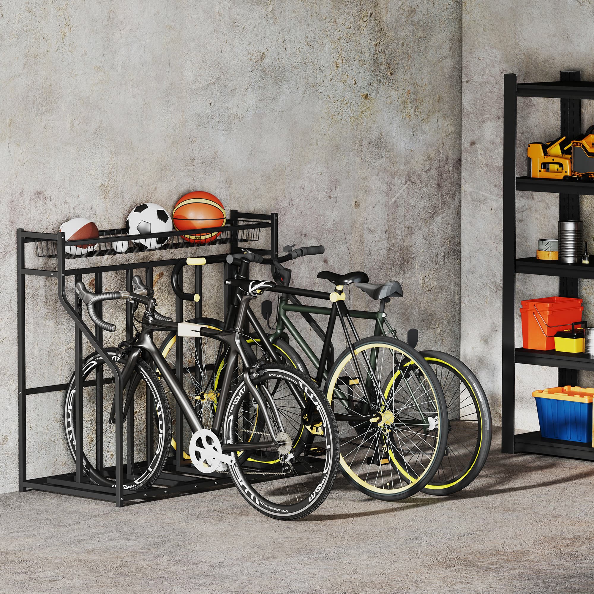 Soozier 4 Bicycle Bike Stand, Metal Floor Bike Storage Rack with Basket, Hooks, Indoor Outdoor Bicycle Stand, Black | Aosom Canada