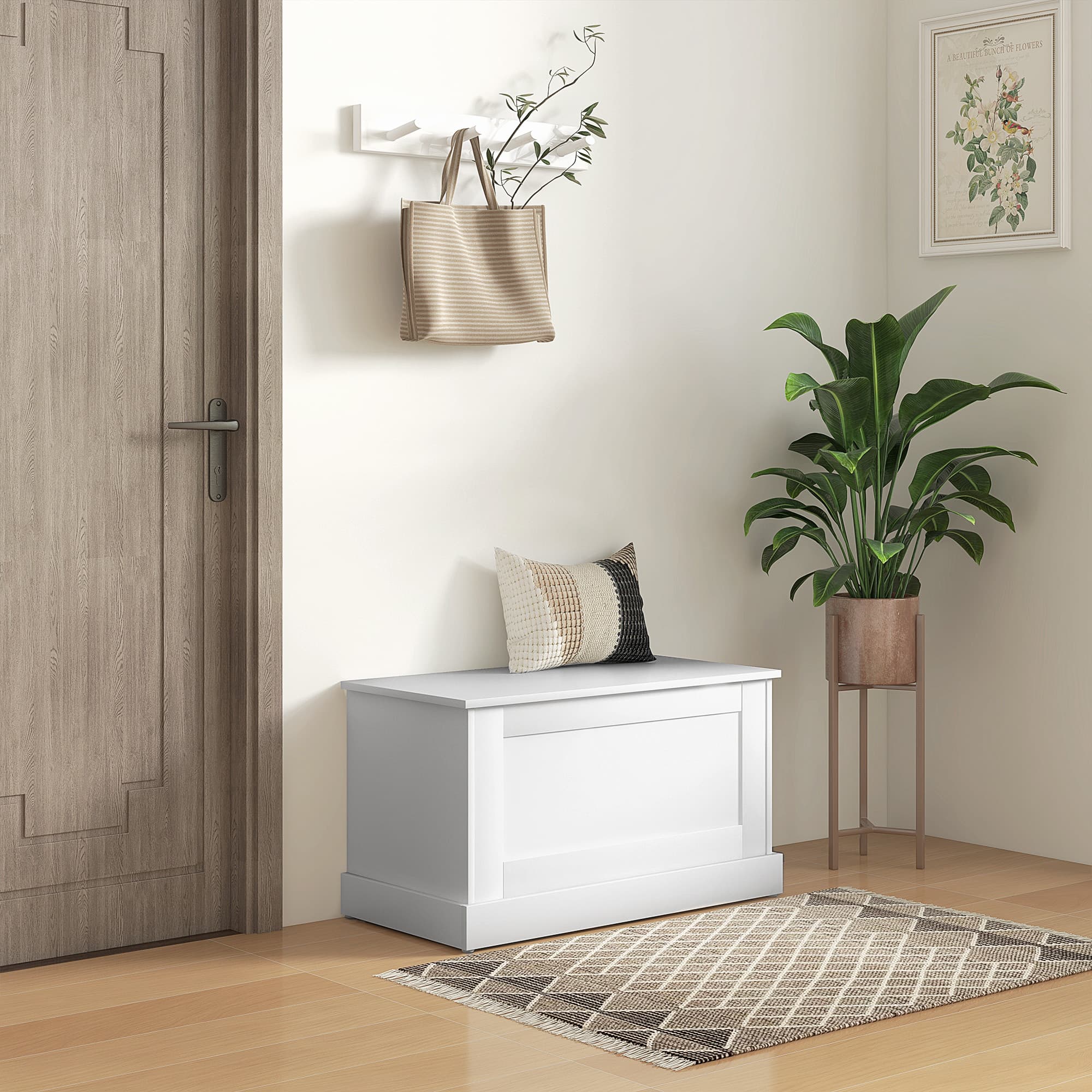 HOMCOM 31.5 Inches Storage Chest, Storage Trunk with Safety Hinge, Wooden Toy Box for Living Room, White Wood Grain | Aosom Canada
