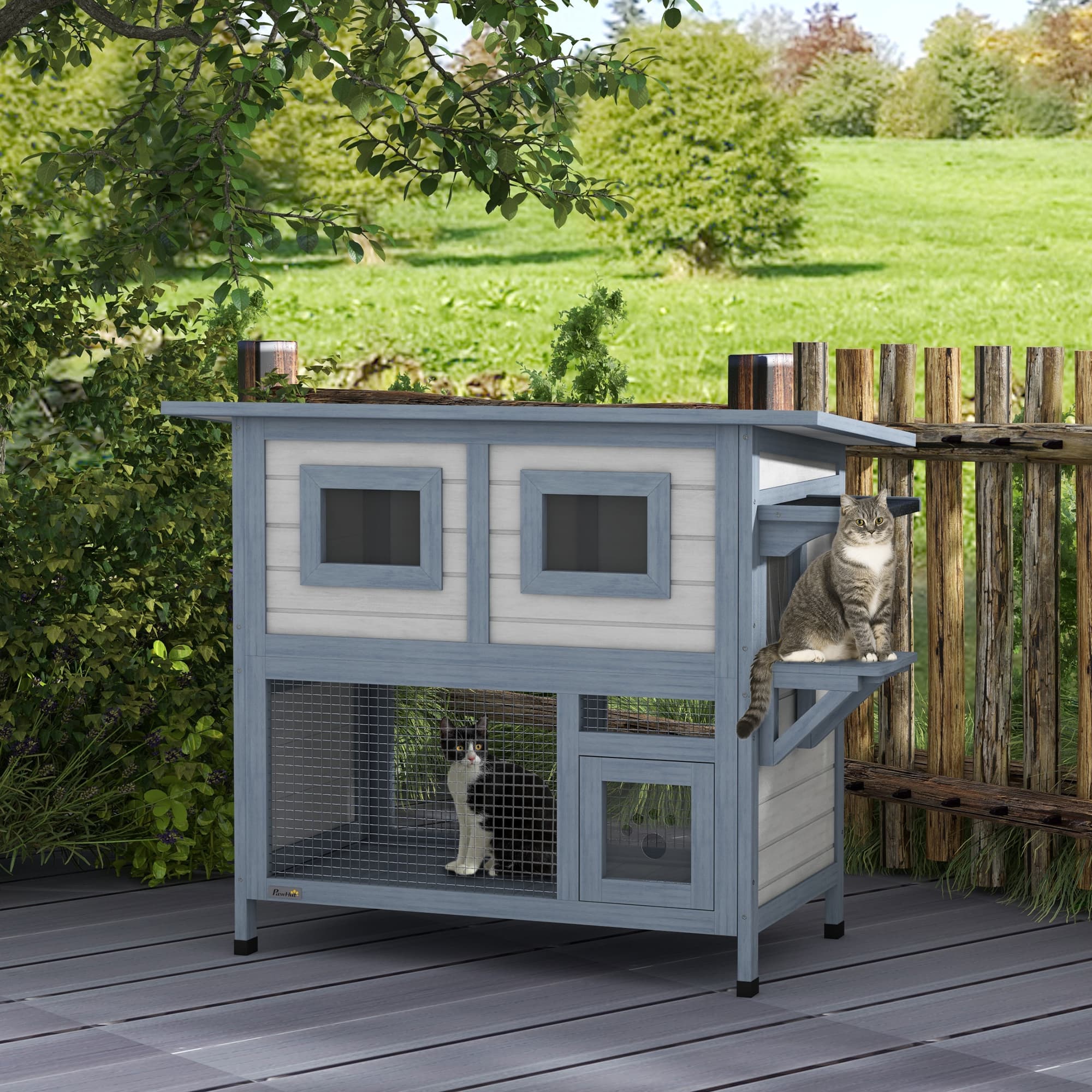 PawHut 2 Tier Outdoor Cat Shelter with Escape Door & Jump Platform for 1-2 Cats in Light Grey | Aosom Canada
