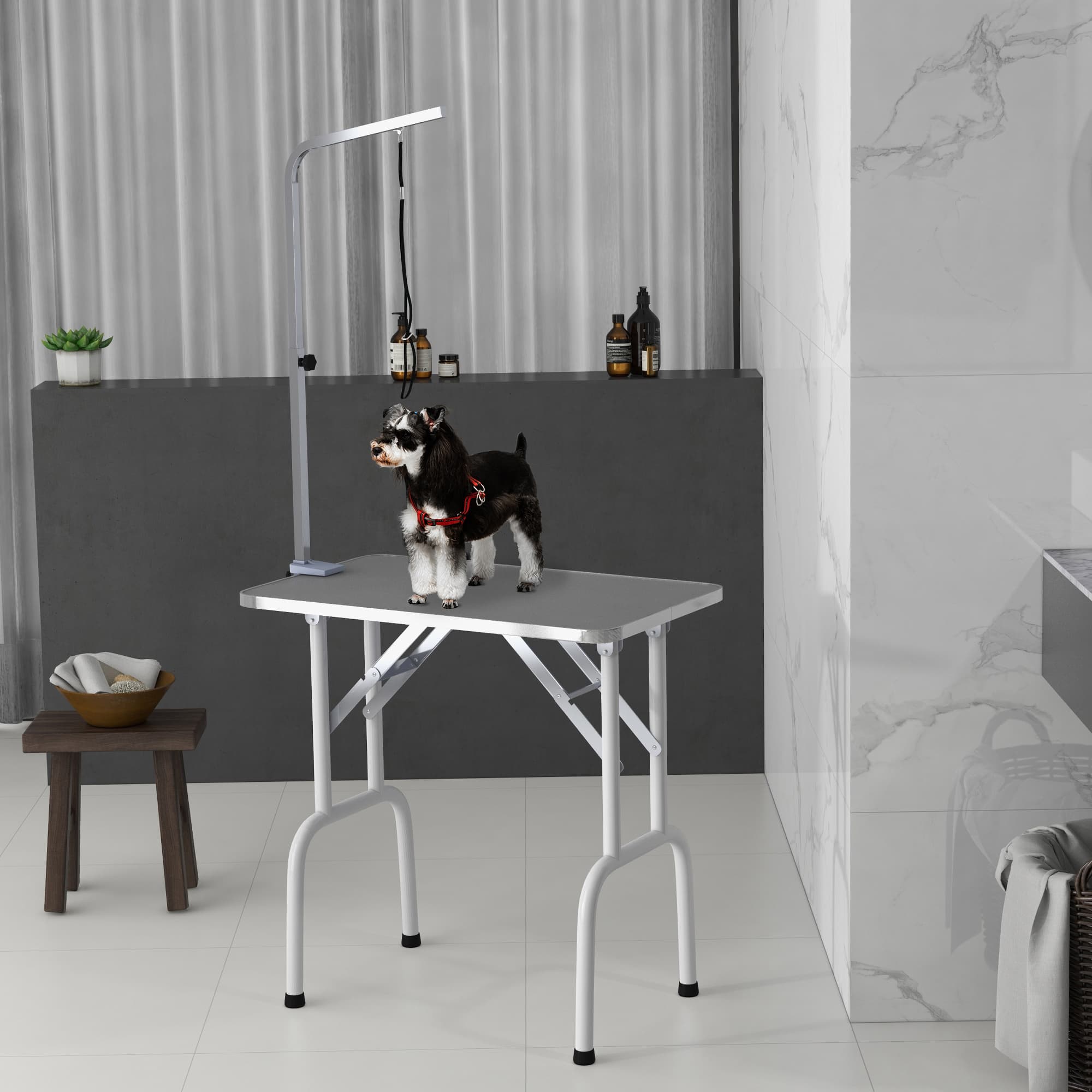PawHut Foldable Grey Pet Dog Cat Grooming Table Adjustable Arm Non-Slip Portable Trimming Station | Aosom Canada