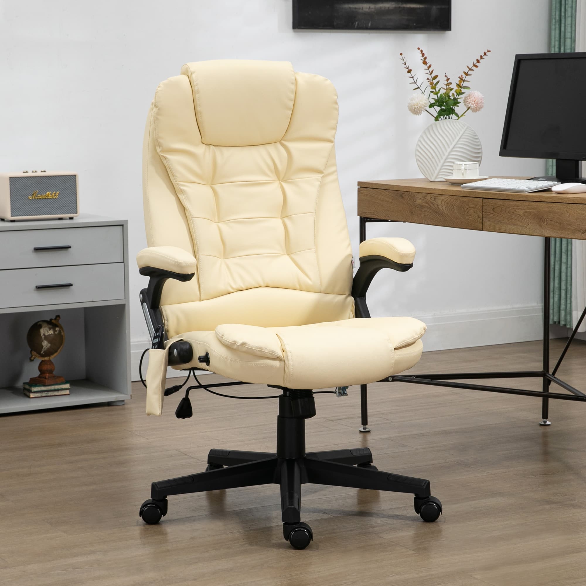 HOMCOM Heated Ergonomic Office Chair: Adjustable, Massage, Swivel, Vibrating, High Back Leather Executive, Beige | Aosom Canada