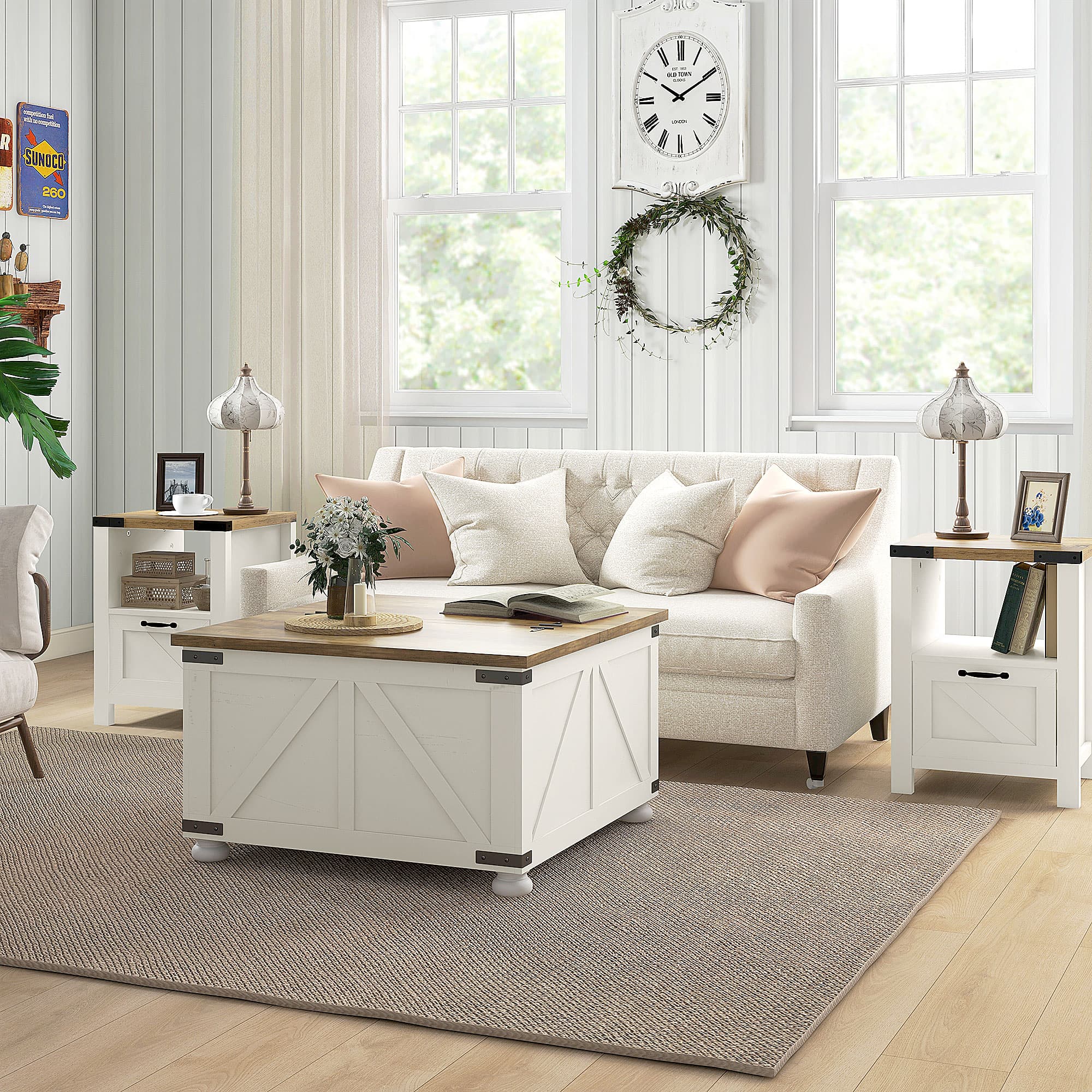 HOMCOM Antique White Farmhouse Coffee Table: Square Center Table with Flip-top Lids, Hidden Storage and Wooden Legs | Aosom Canada