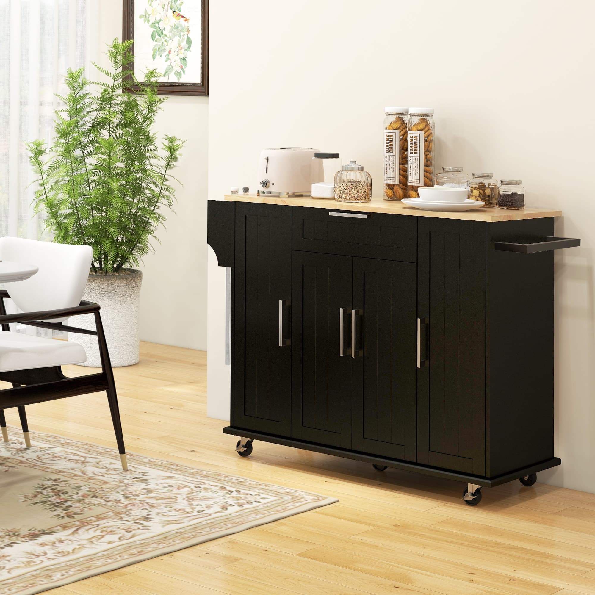 HOMCOM Modern Rolling Kitchen Island Cart with Drawers, Natural Wood Top, Towel Rack, Door Storage Cabinet, Black | Aosom Canada