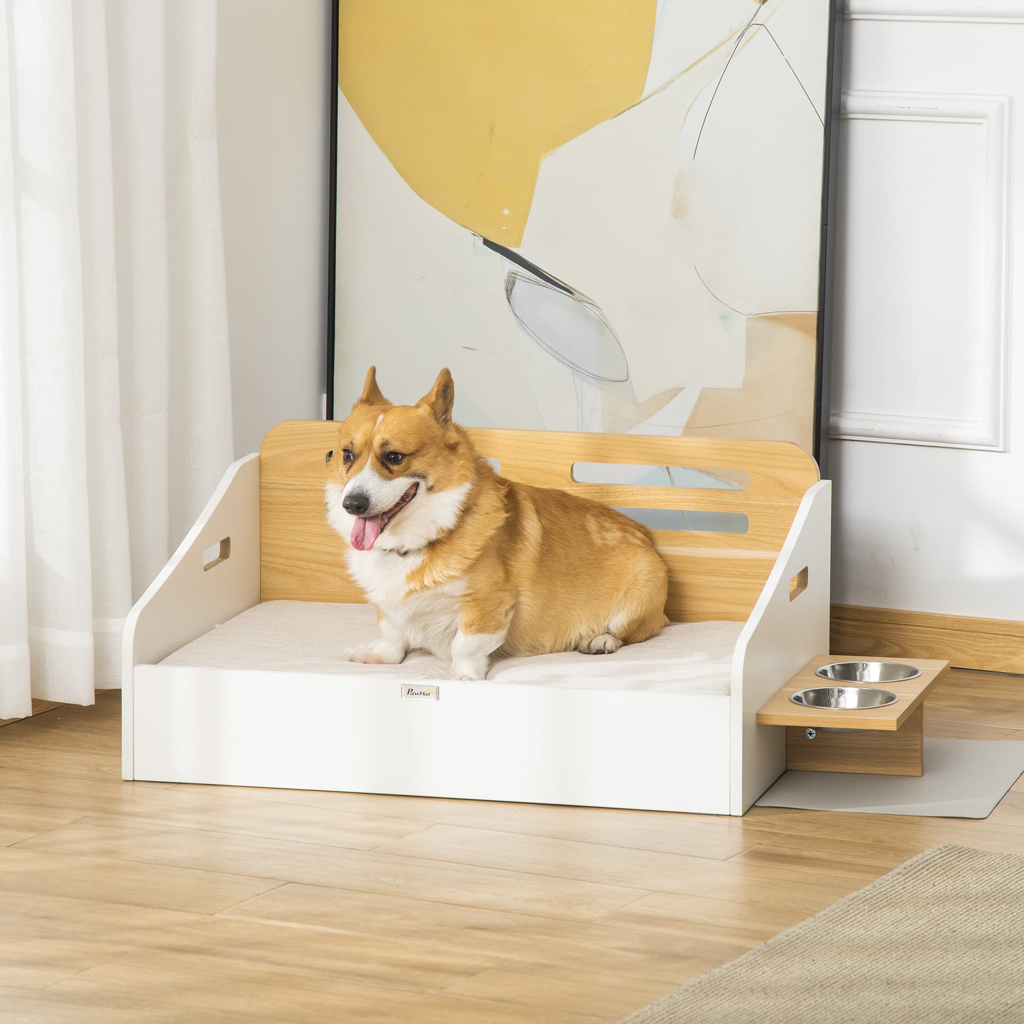 PawHut Modern Mutt Manor: Dog Bed Frame Furniture Style Pet Sofa with Soft Washable Cushion, 2 Feeding Bowls, and Handles | Aosom Canada