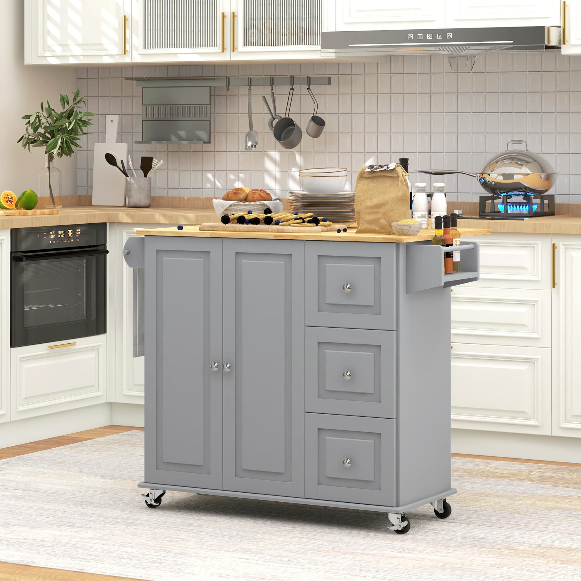 HOMCOM Kitchen Island on Wheels, Kitchen Cart with Drop Leaf, Drawers, Grey | Aosom Canada
