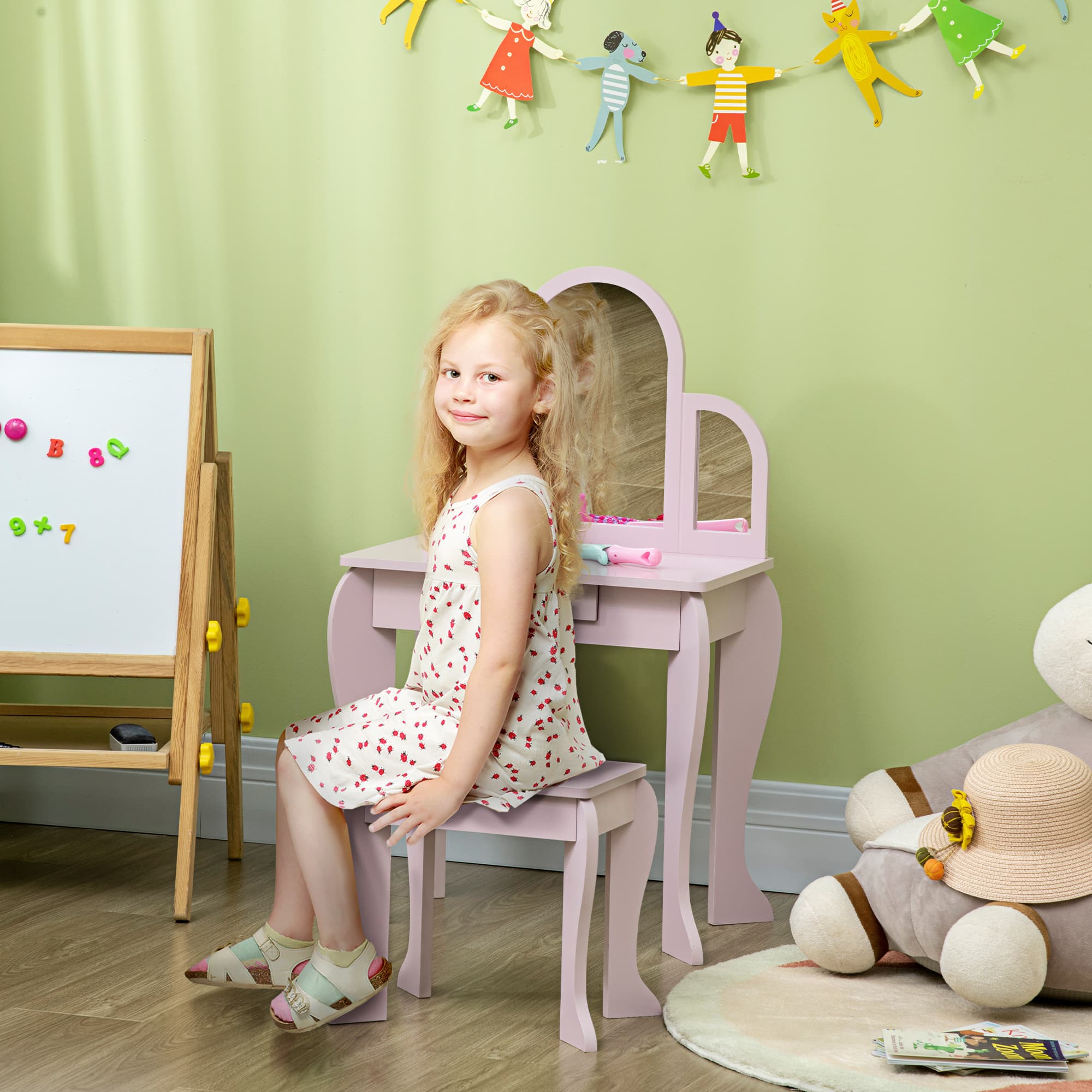 Qaba Kids Dressing Vanity: Makeup Table with Drawer, Chair for Ages 3-6, Pink | Aosom Canada