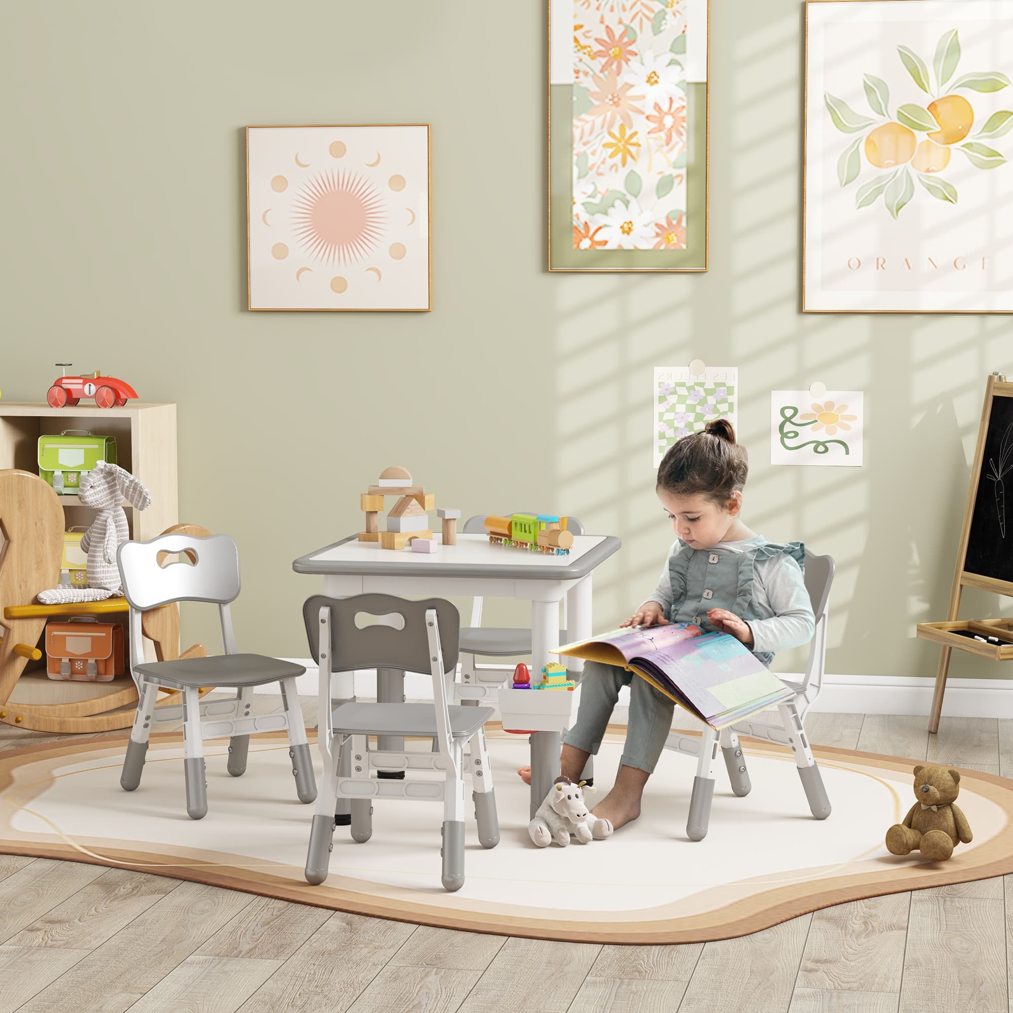 Qaba 5 Piece Toddler Table Chair Set Height Adjustable Activity Set Nursery Classroom Playroom Furniture Grey | Aosom Canada