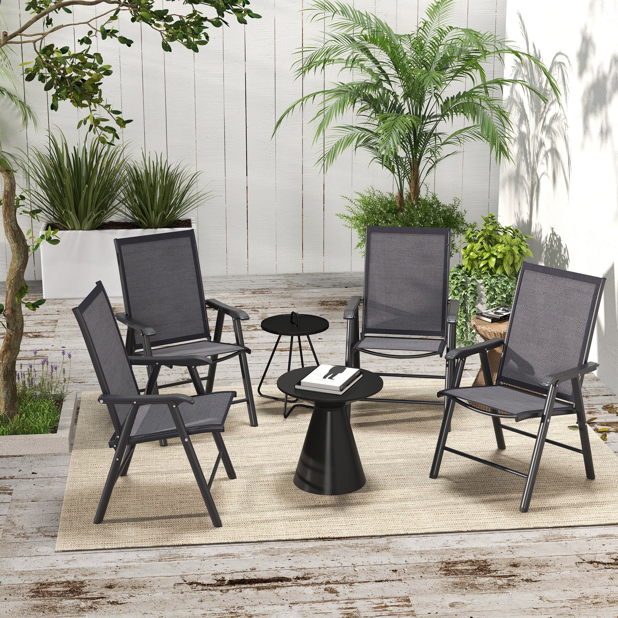 Outsunny 4-Piece Folding Chair Set for Relaxing on Patio Balcony Garden, Comfortable Outdoor Furniture with Armrests, Dark Grey | Aosom Canada