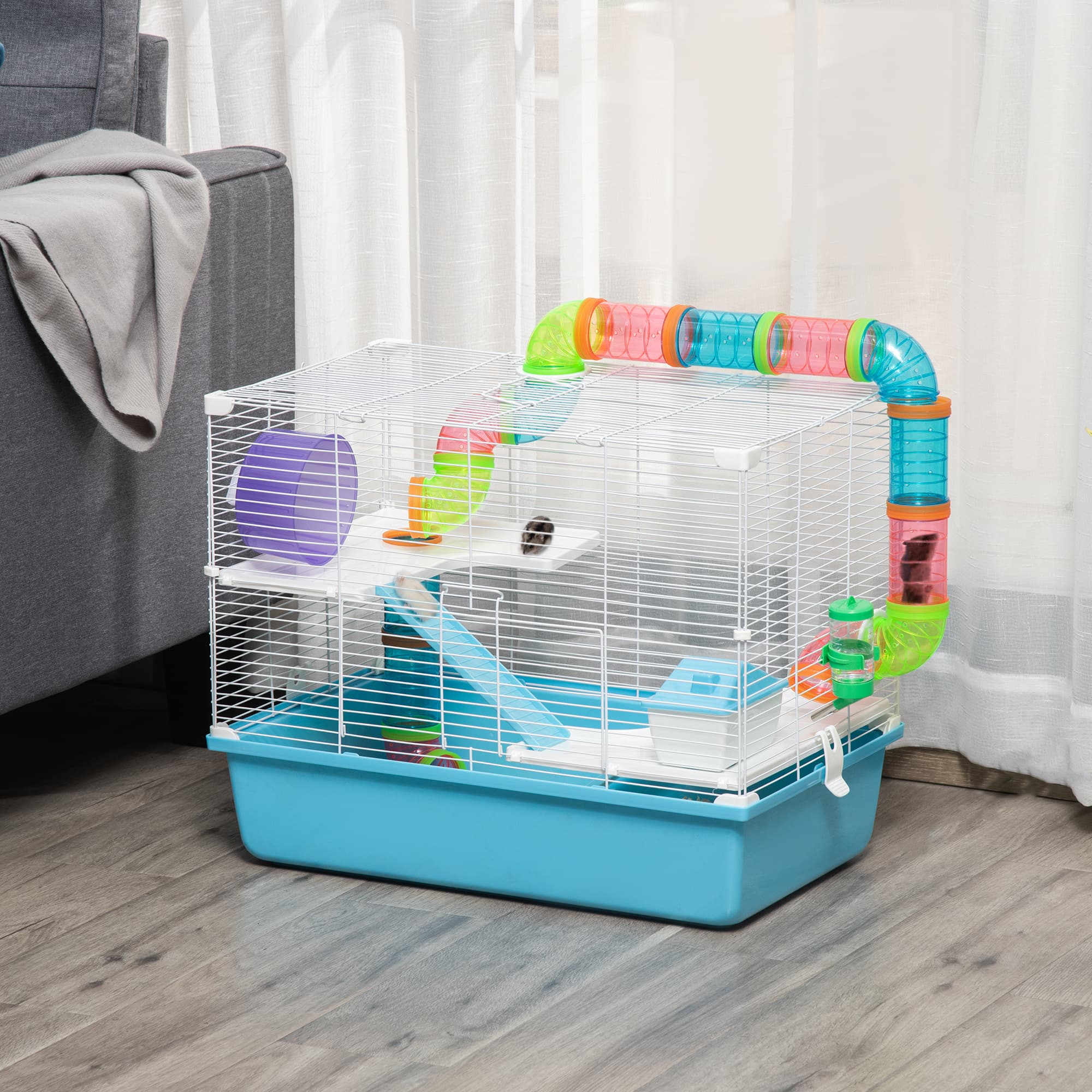 PawHut Toy-Filled Abode: 3-Tier Large Steel Small Animal Cage with Exercise Wheel, Water Bottle, and Food Dish, Light Blue | Aosom Canada